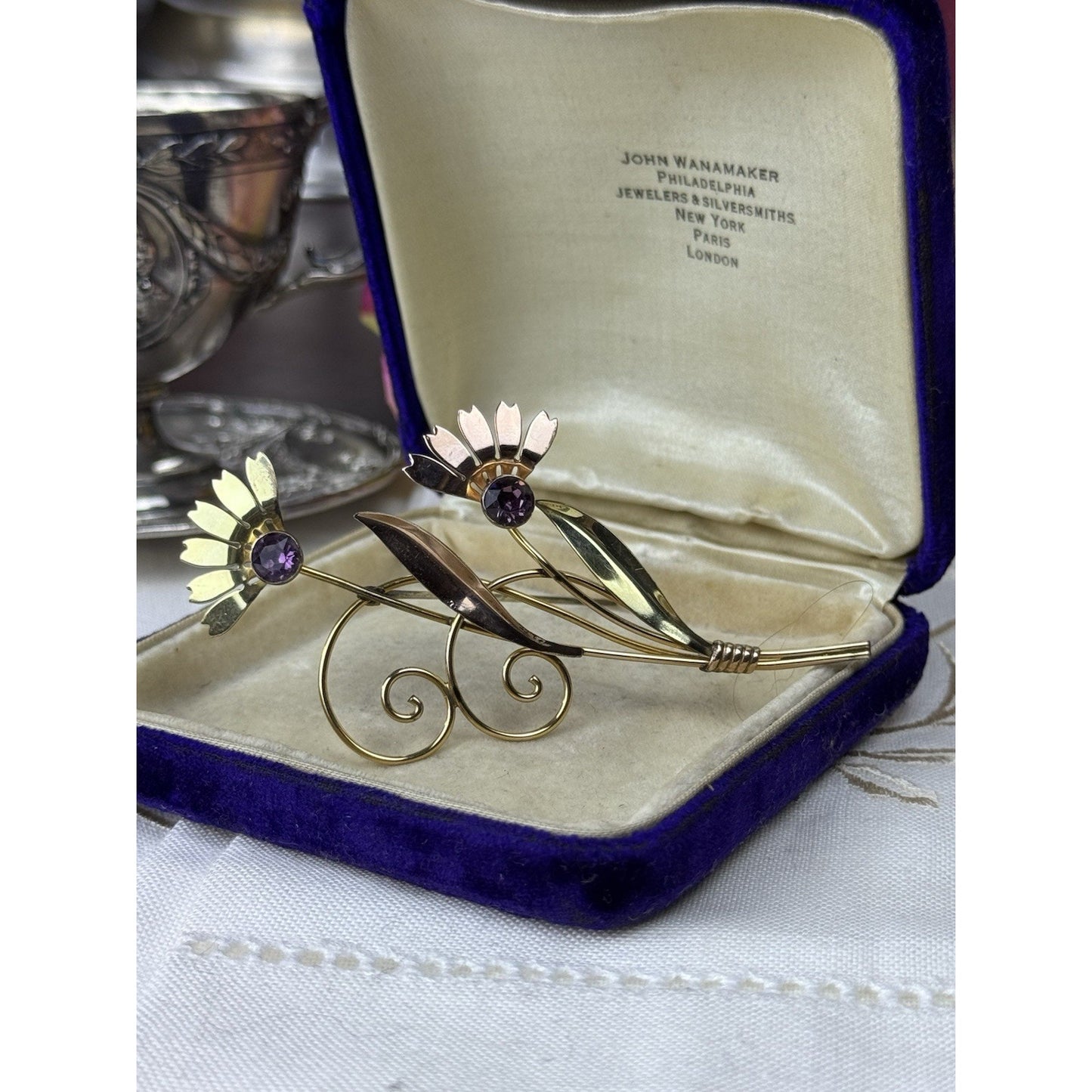 Van Dell Sterling Gold-Filled Floral Brooch Purple Rhinestones 3” Vintage