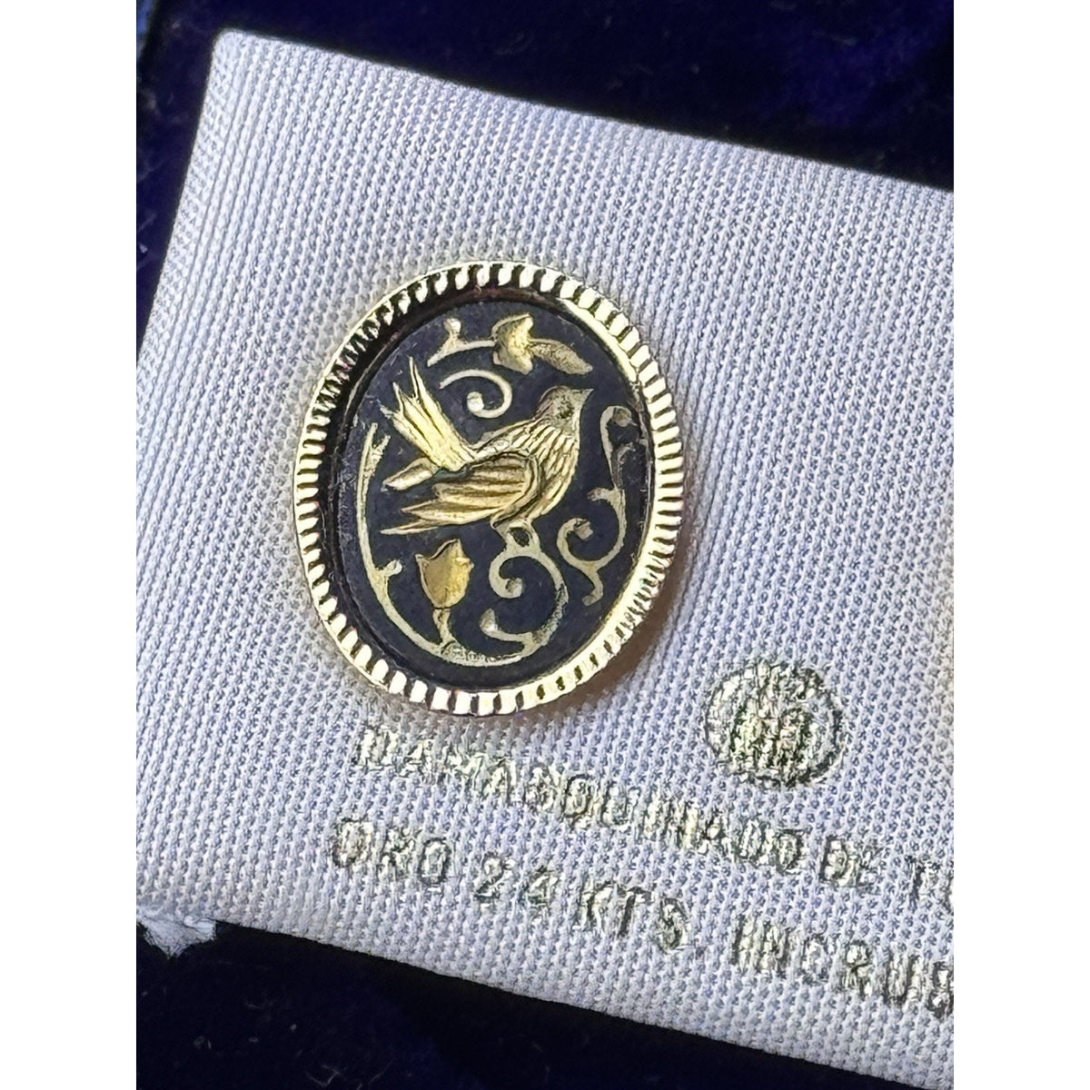 Toledo Damascene Bird Earrings 24K 18K Gold Inlay Spain .75”