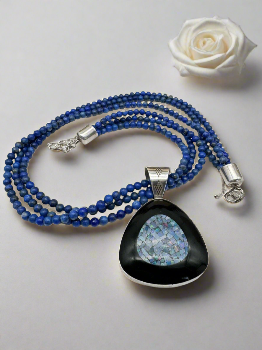 Vintage DTR Jay KING Lapis Onyx & Opal Mosaic 925 Sterling  Necklace & Pendant