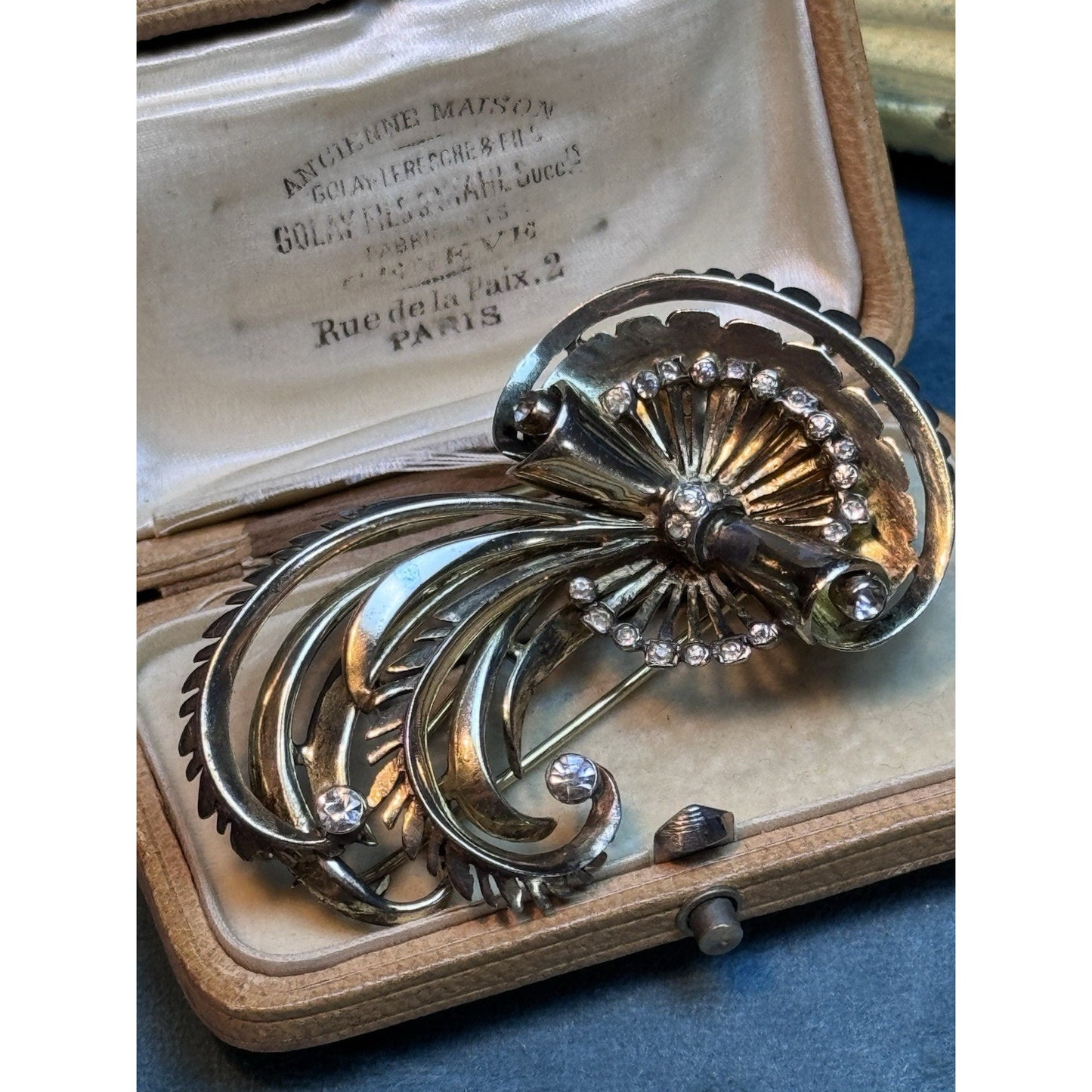 R De Rosa Sterling Vermeil Fur Clip Rhinestone Floral Scroll Design Vintage