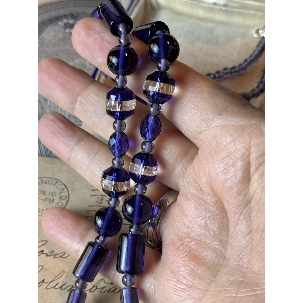 Art Deco Czech Purple Glass Crystal Bead Necklace Restrung 27.5” Vintage