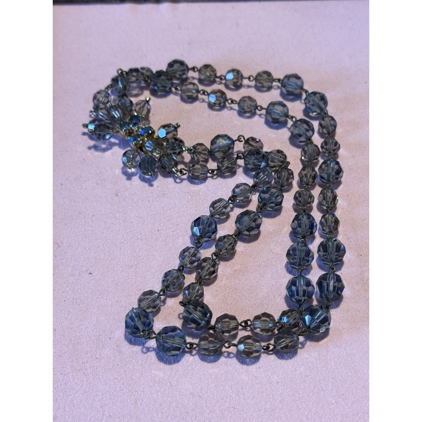 Vintage Austrian Crystal Bead Necklace Signed Gray Blue Faceted Beads 16”