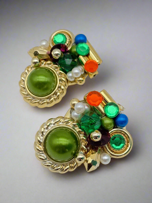 Vintage 80s Earrings Estate Jewelry Faux Pearl Multicolor Lucite Goldtone