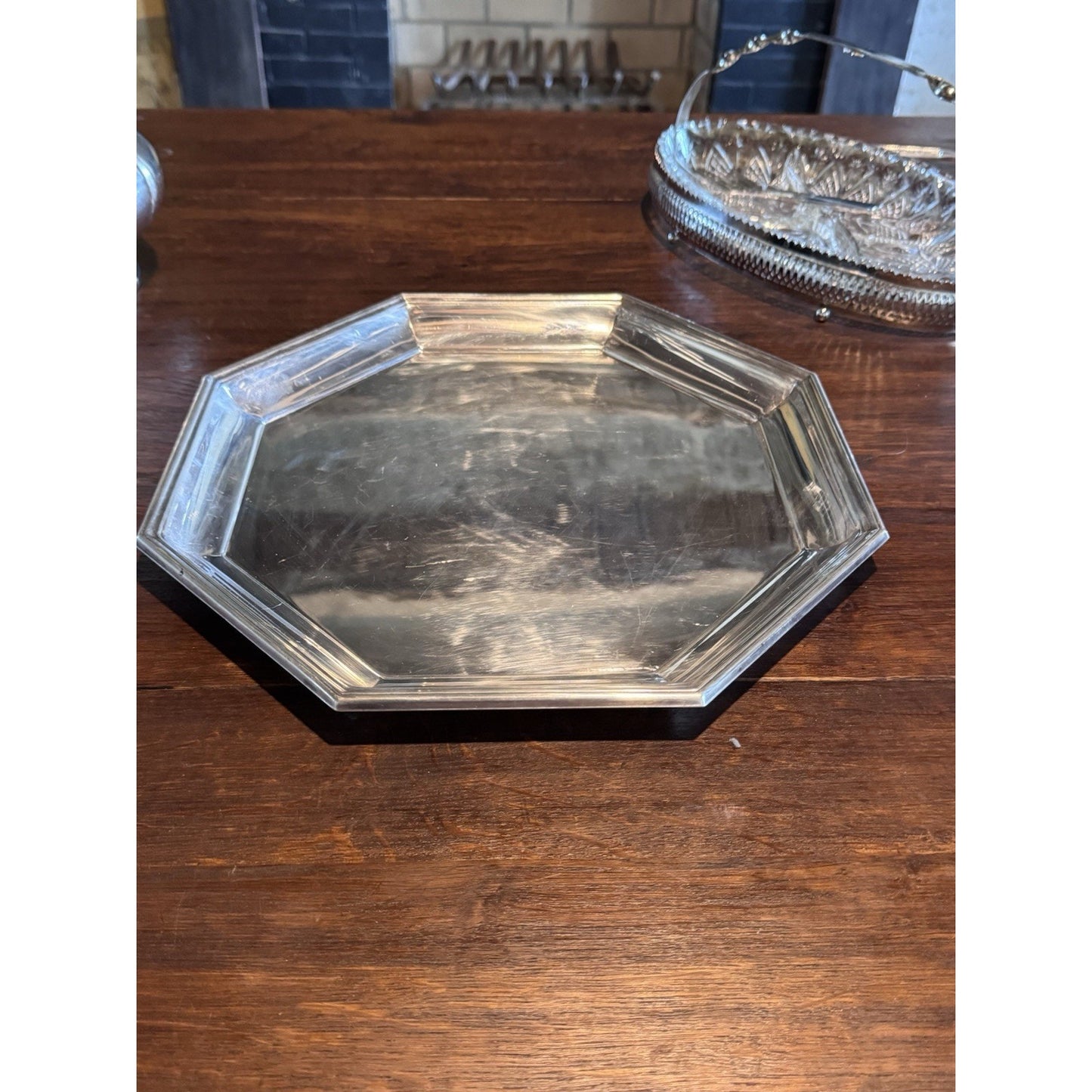 Silverplate Octagonal Serving Tray Butler Tray 13.5” Vintage Tea Coffee Tray