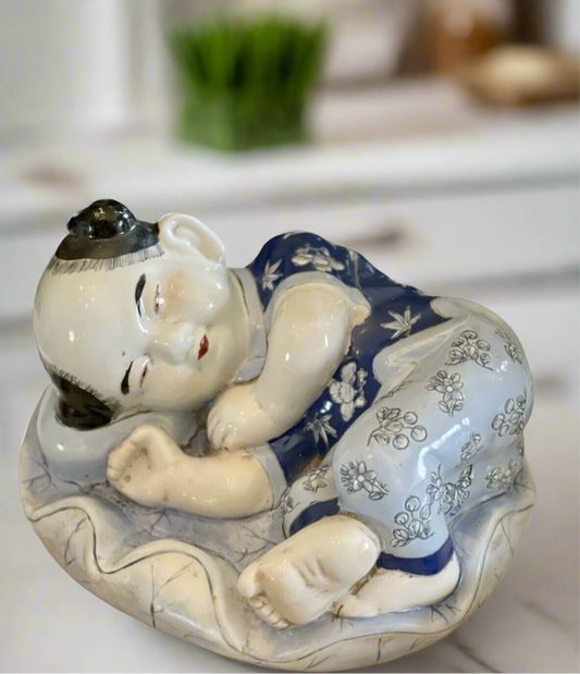 Vintage Chinoiserie Child Statue Blue & White By H.F.P Macau