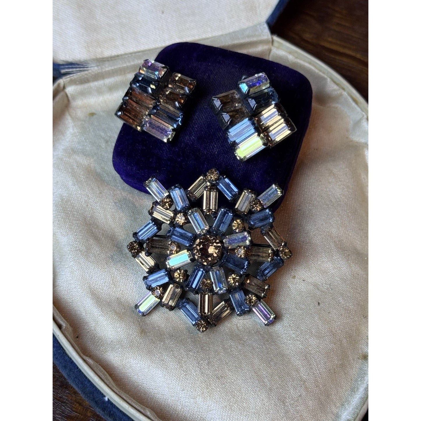 Signed Weiss Blue Bronze AB Rhinestone Demi Parure