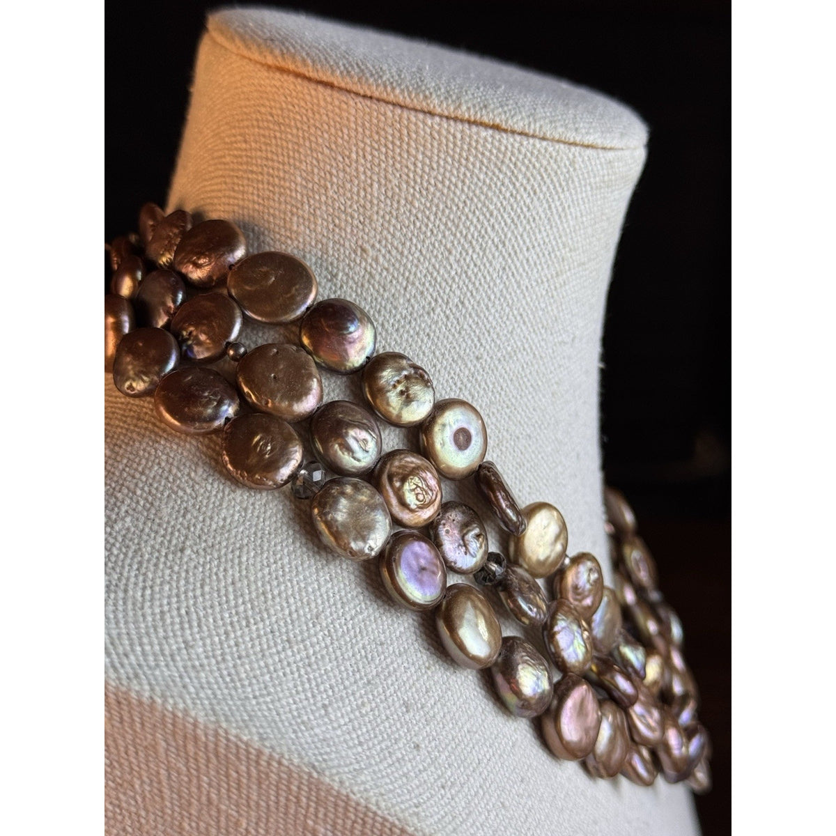Silpada Bronze Coin Pearl Necklace 3 Strand Sterling Silver 11mm Extender 18”