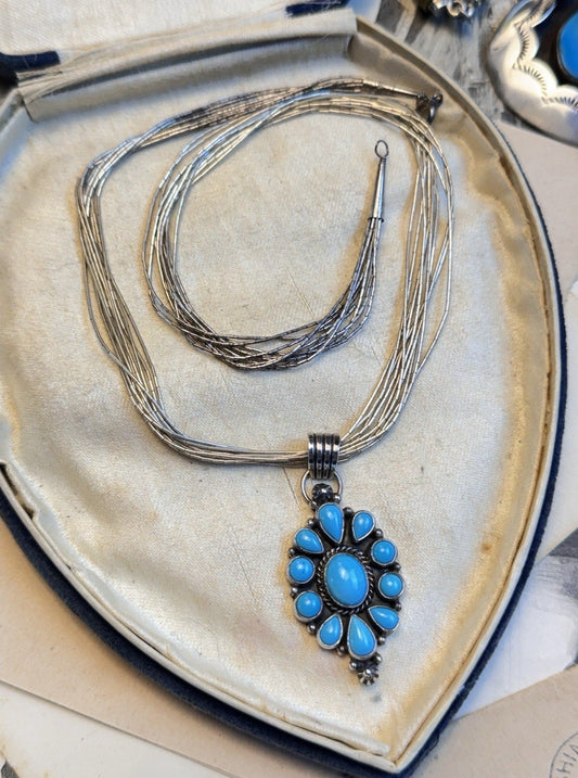 L GANADO Sterling NAVAJO Turquoise Pendant Signed Waterfall Necklace 17.5”