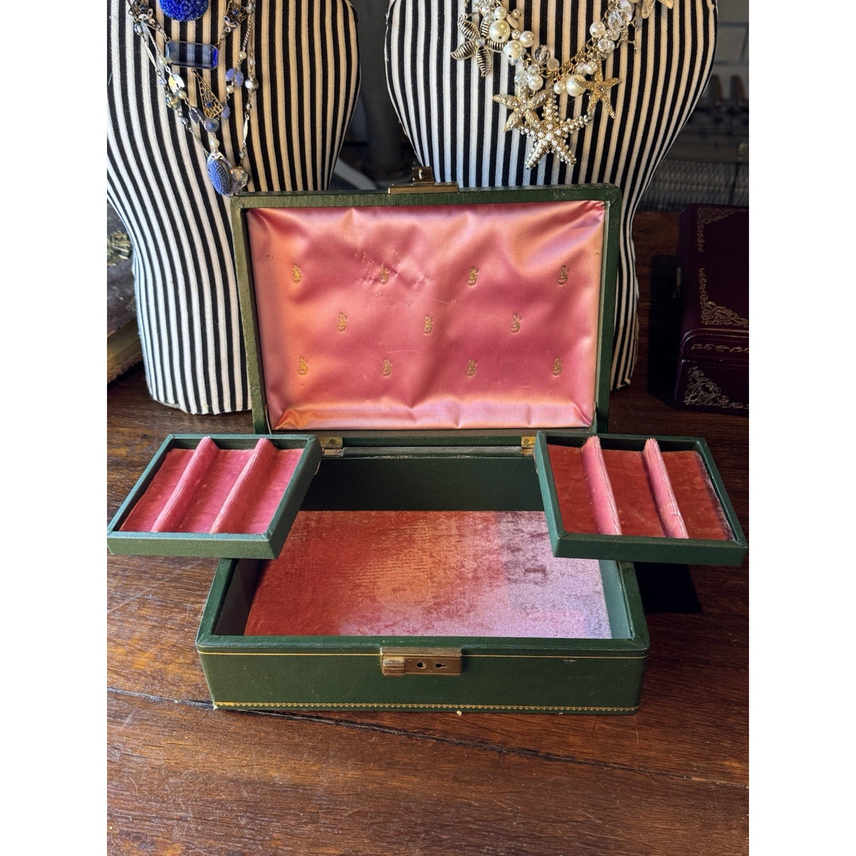 Vintage Green Jewelry Box Gold Scrollwork Pink Velvet Swing Trays 10.25”