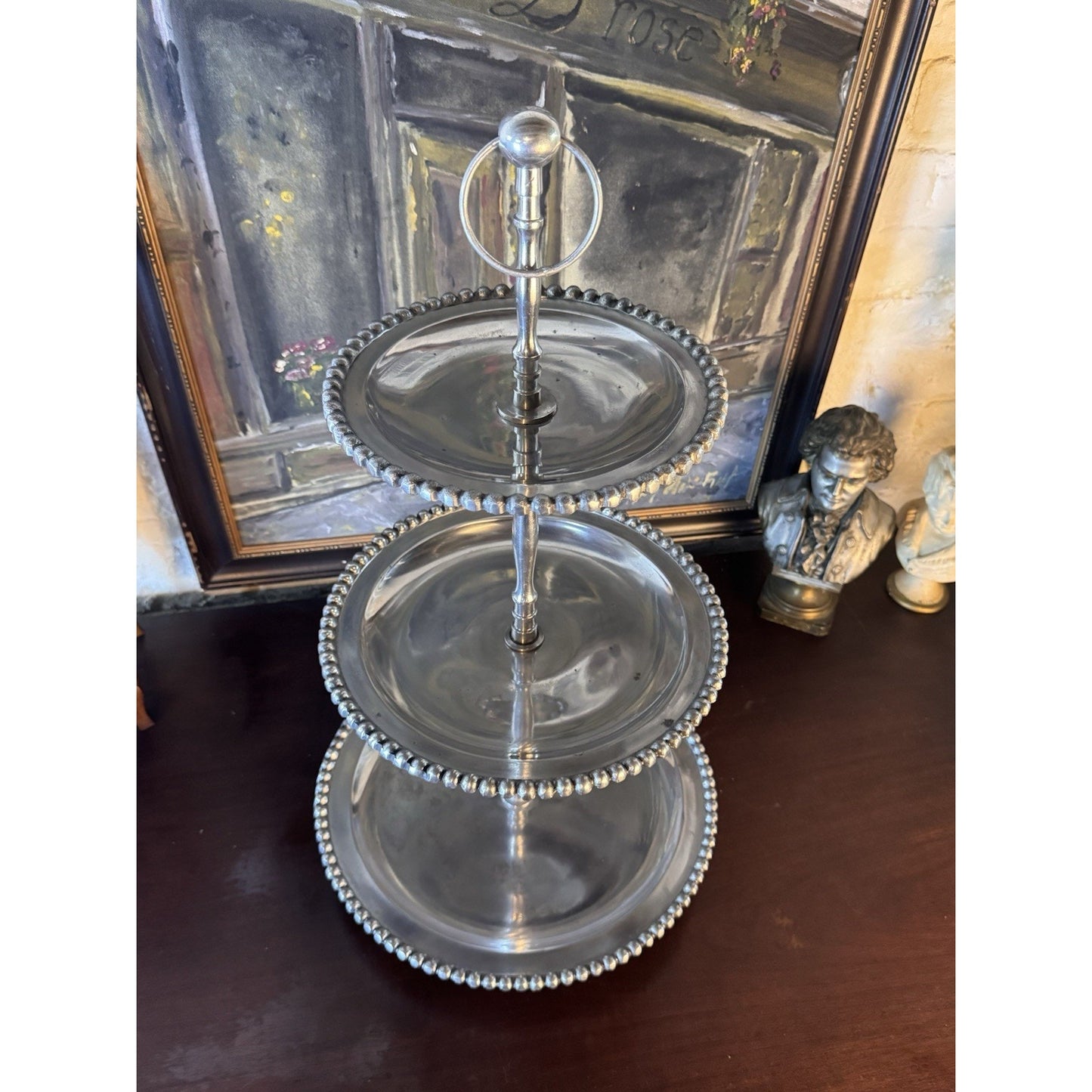 Three Tier Serving Stand Silvertone Beaded Edge Centerpiece Display 26”