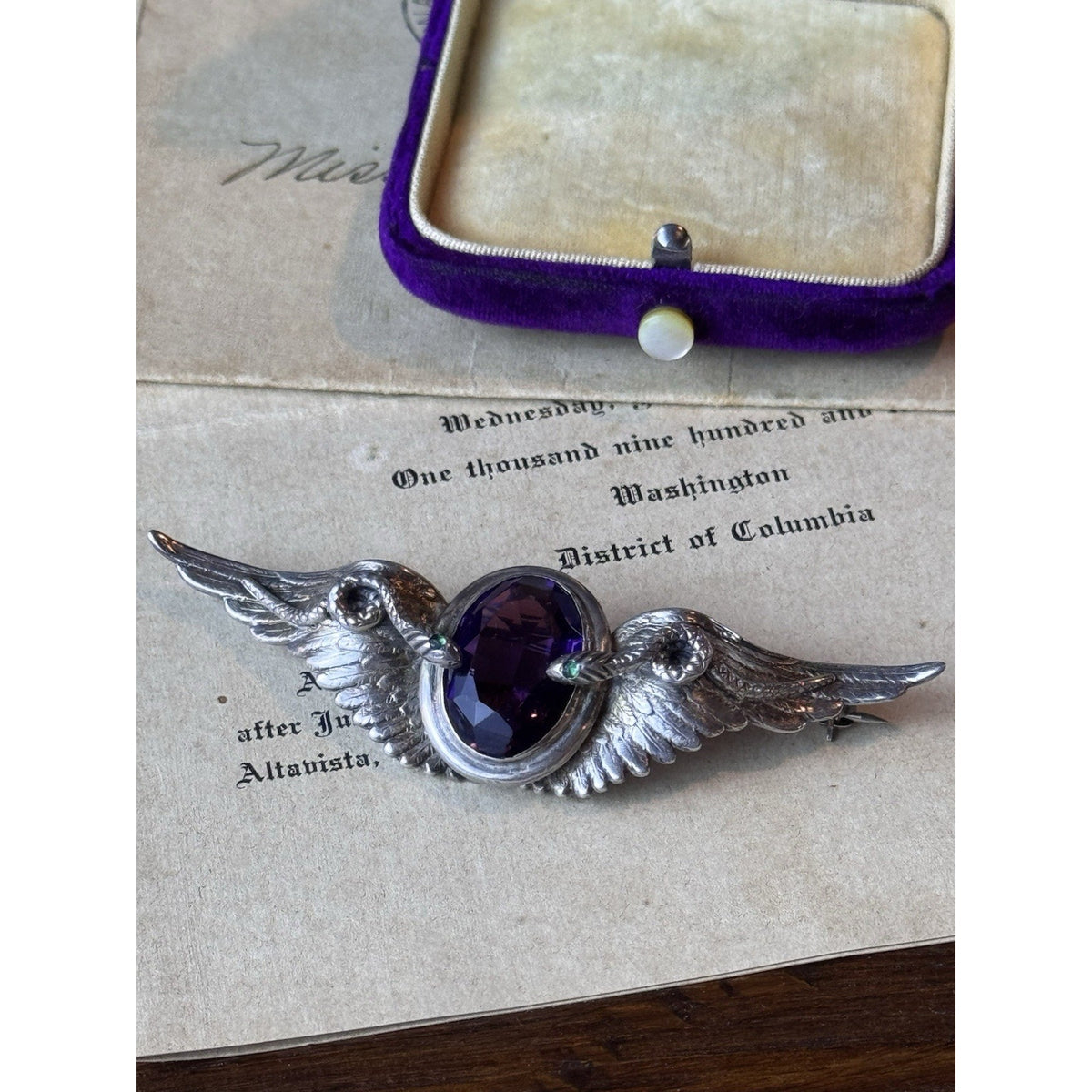 Sterling Isis Brooch Egyptian Revival Purple & Green Stones 3” x .75”