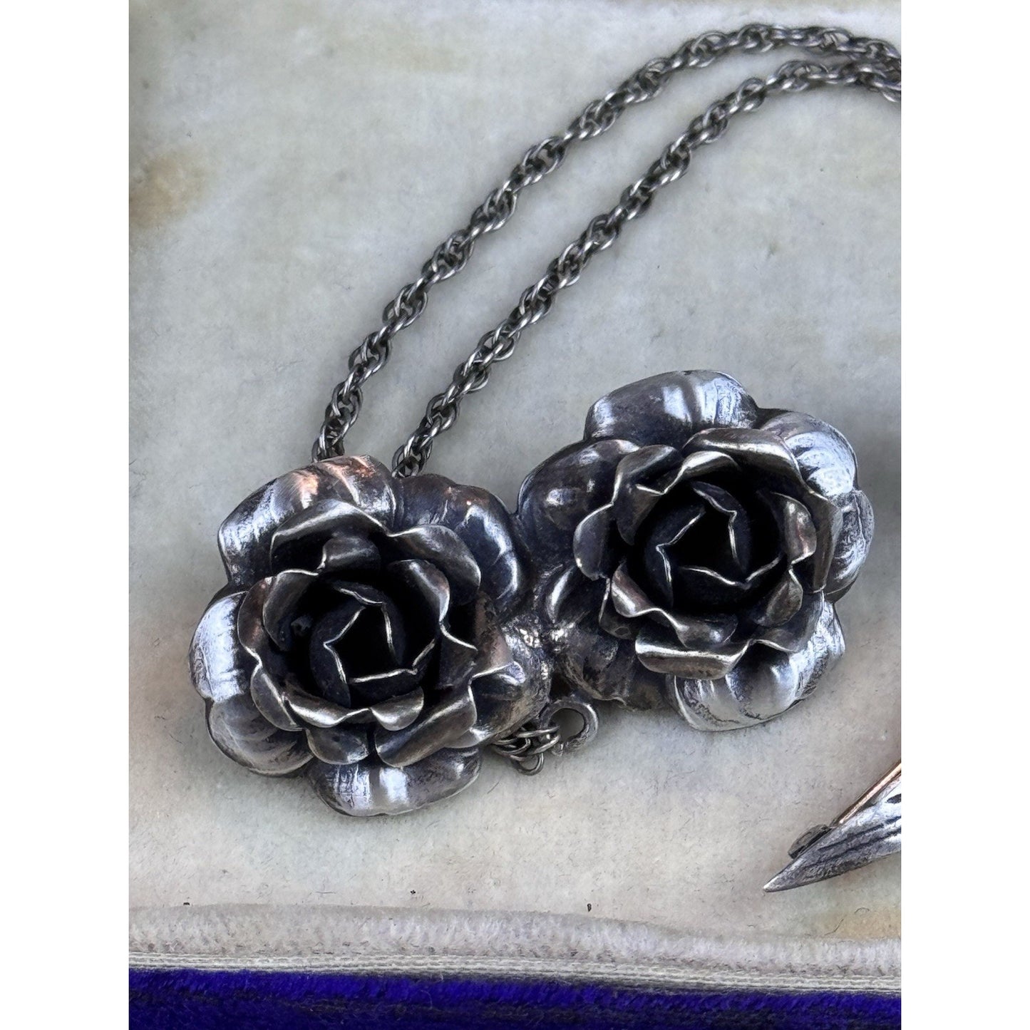 Vintage Sterling Silver Chatelaine Brooch Swallow Roses Double Chain 5.25”