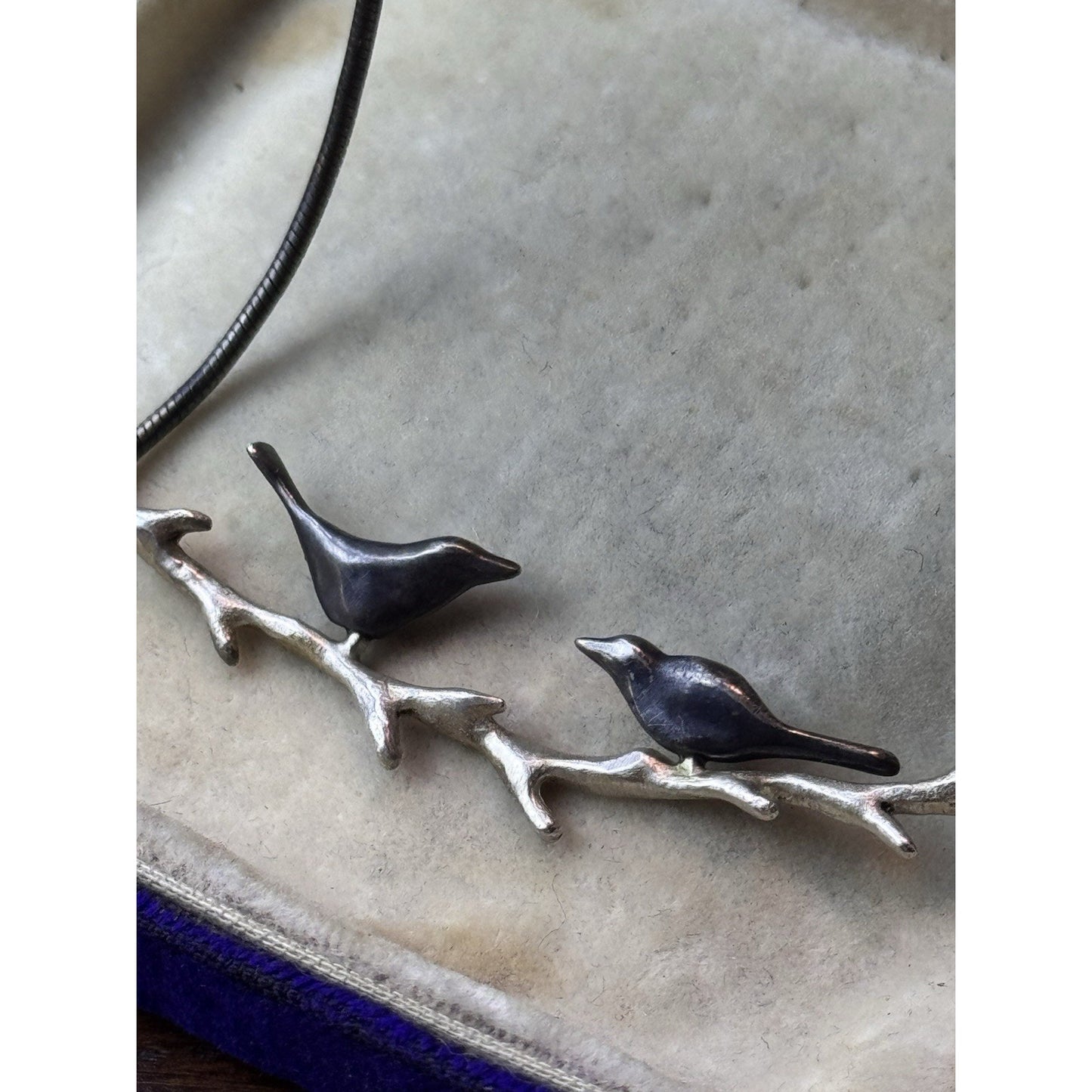 Sterling Bird Necklace 17” Modernist Birds on Branch Pendant 3.25” 925