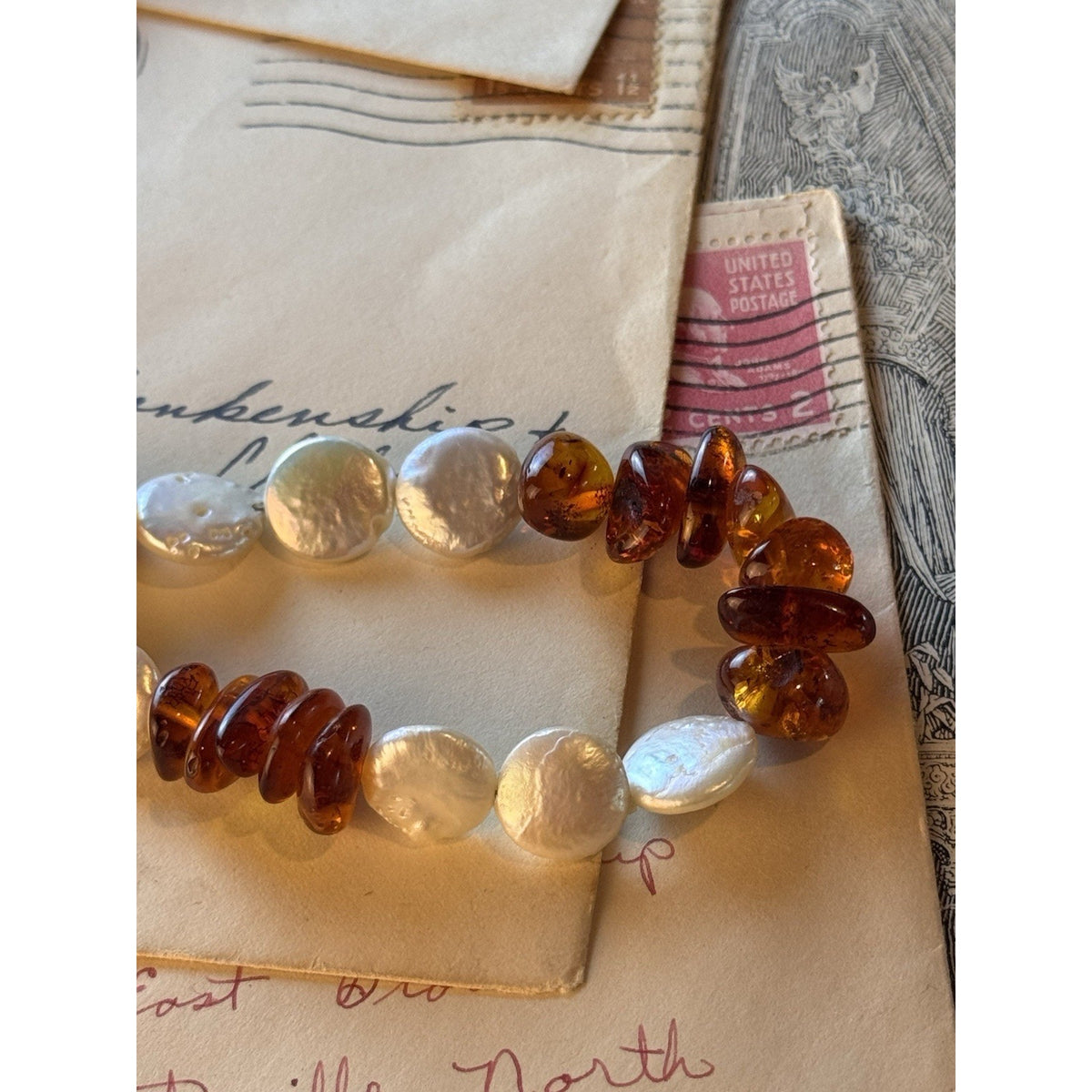Amber Necklace Cultured Pearl Coin Nugget Beads Silvertone Lobster Clasp 22”