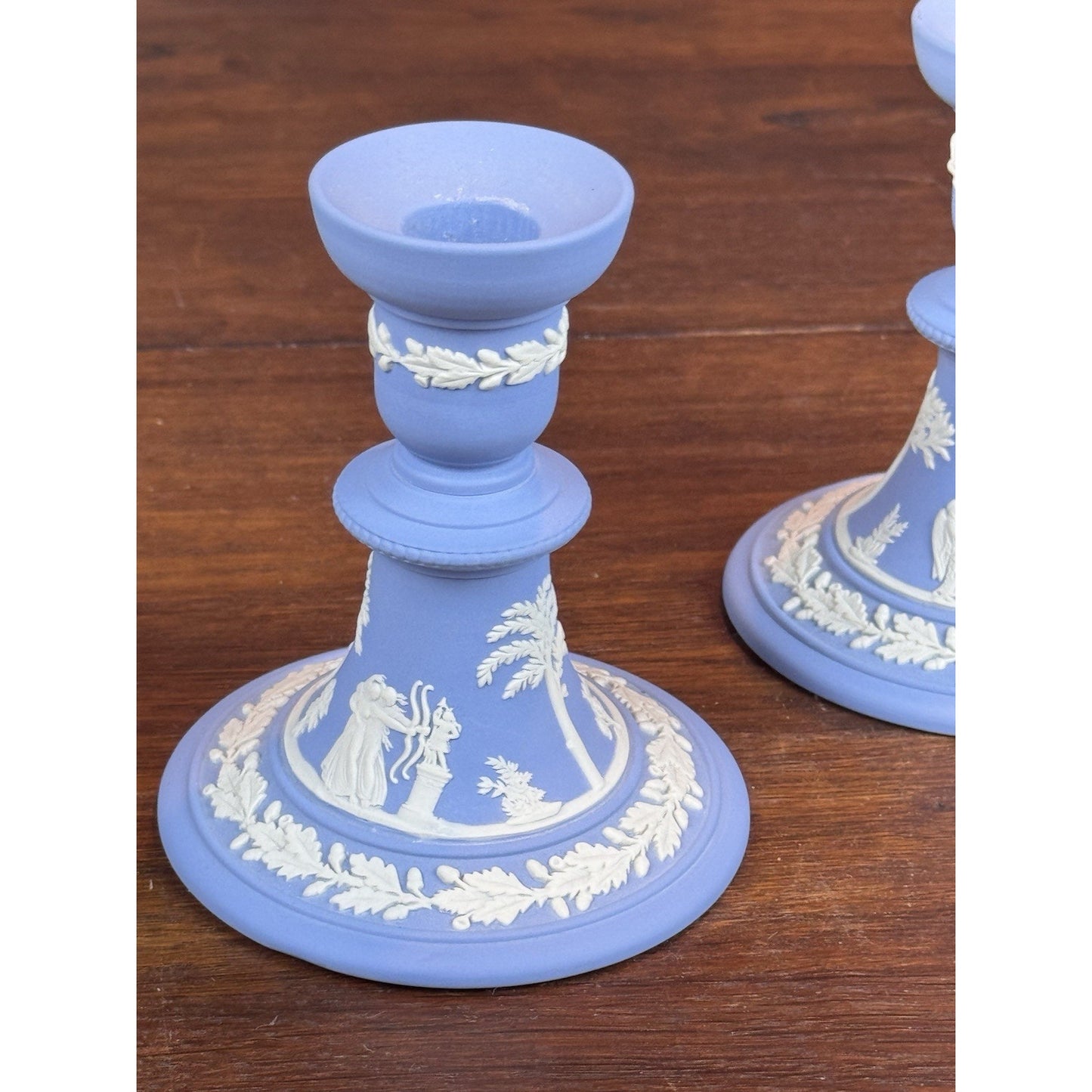 Wedgwood Blue Jasperware Candlestick Pair NEOCLASSICAL Figures 1982 4.75”