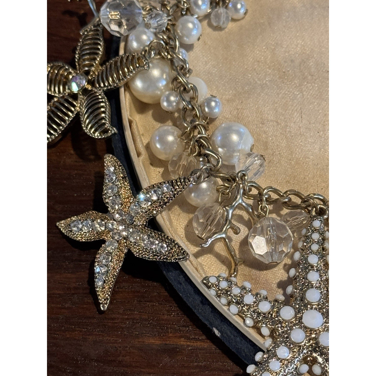 Goldtone Ocean Charm Necklace Starfish Faux Pearl Crystal Statement 19.5”