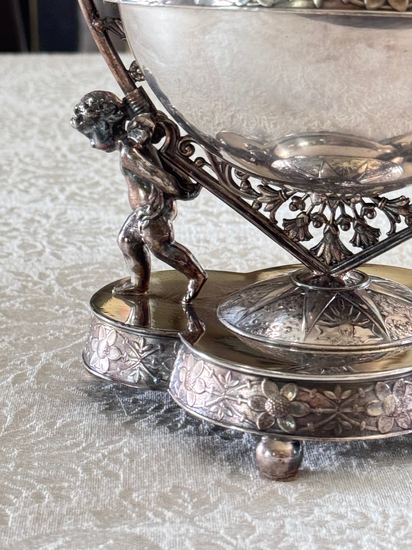 Antique Silverplate Putti Cherub Mechanical Butter Dish Victorian American Gilded Age c. 1880–1900