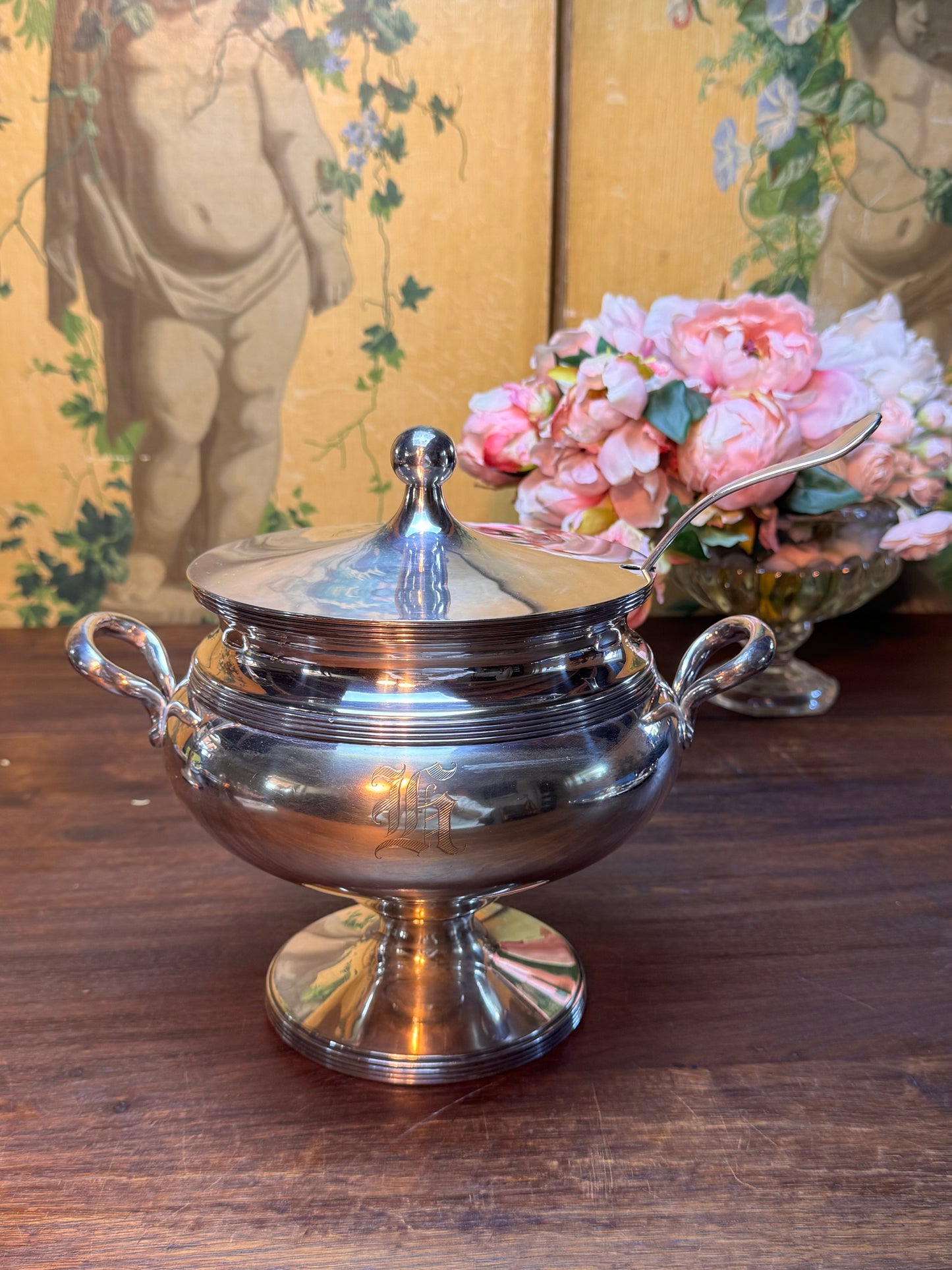 Antique Soup Tureen Lidded Footed Monogrammed Serving Bowl Ladle 9.5”