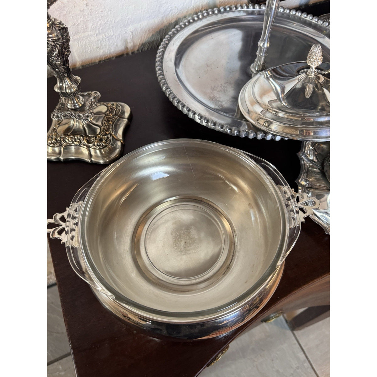 Silverplate Casserole Server Sheffield Silver Co Pyrex Insert Pinecone Lid 9”