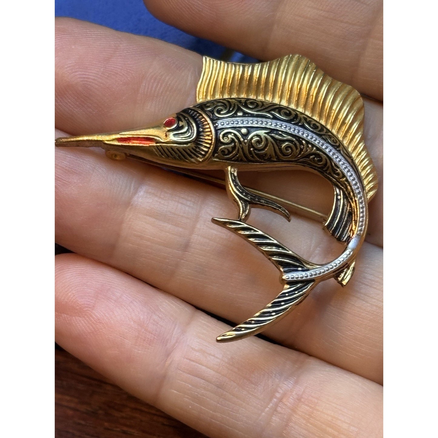 Goldtone Spain Damascene Brooch Pin Enamel Swordfish Marlin Vintage