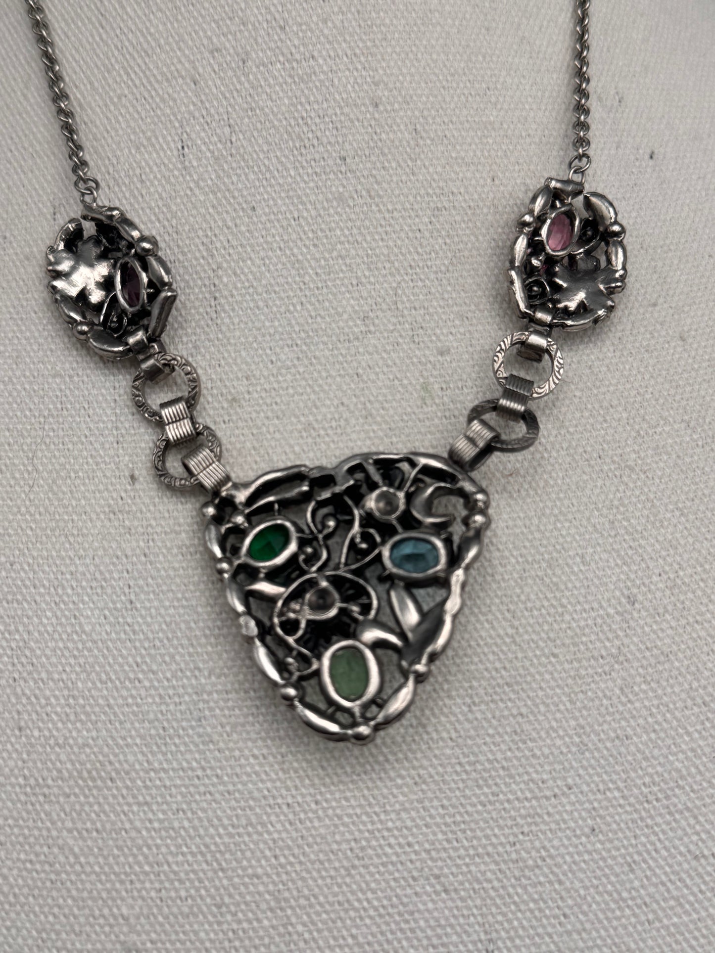 Silvertone Floral Necklace Rhinestone Statement Pendant 18” Vintage