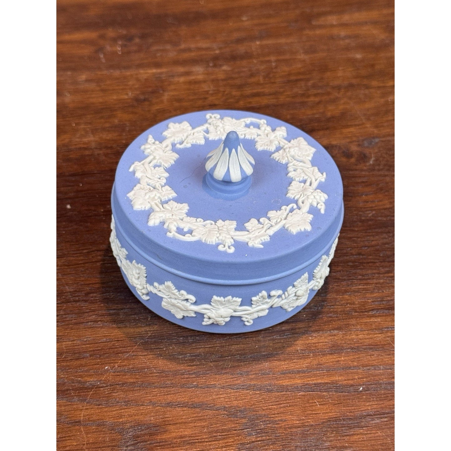 Vintage Wedgwood Jasperware Blue Lidded Trinket Box Grape Vine 3”