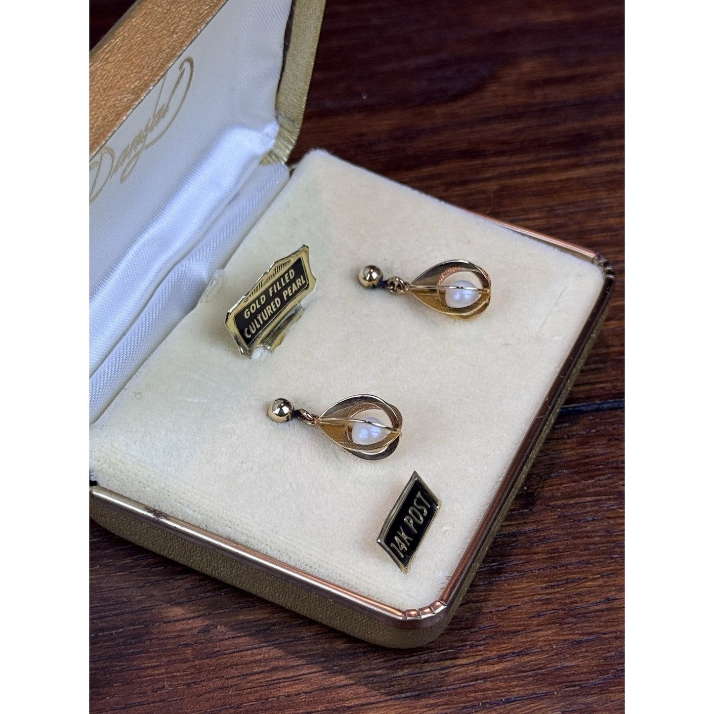 Vintage Gold Filled Cultured Pearl Drop Earrings 14K Posts Orig Case 1.25”