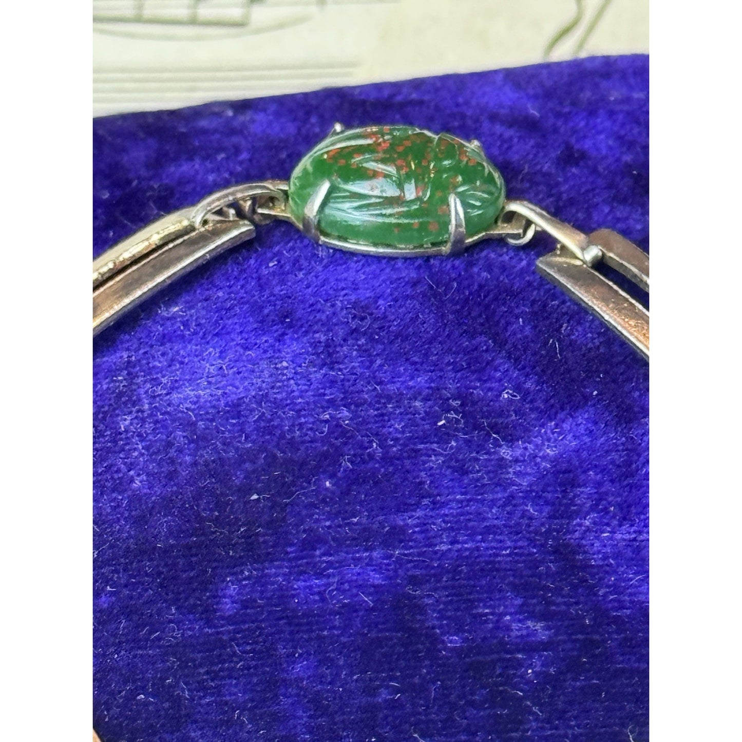 Vintage Silvertone Glass Scarab Bracelet Egyptian Revival 7.5” Pink Green Blue