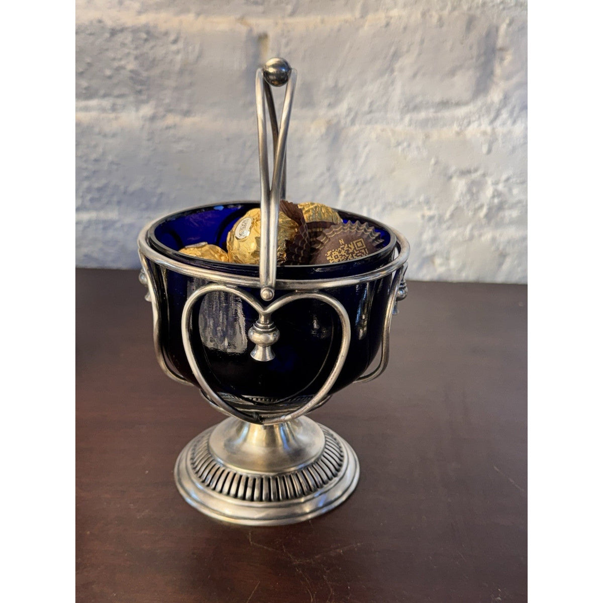 Vintage Bonbon Basket Cobalt Blue Glass Silverplate Heart Shapes Pedestal 7.5”