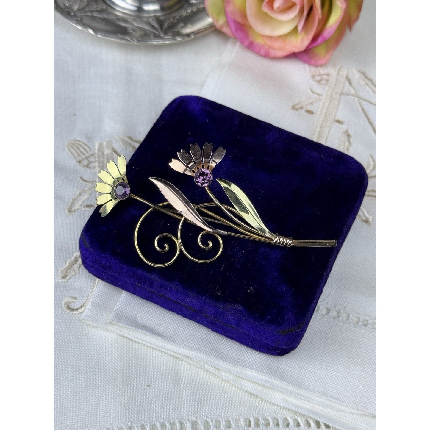 Van Dell Sterling Gold-Filled Floral Brooch Purple Rhinestones 3” Vintage