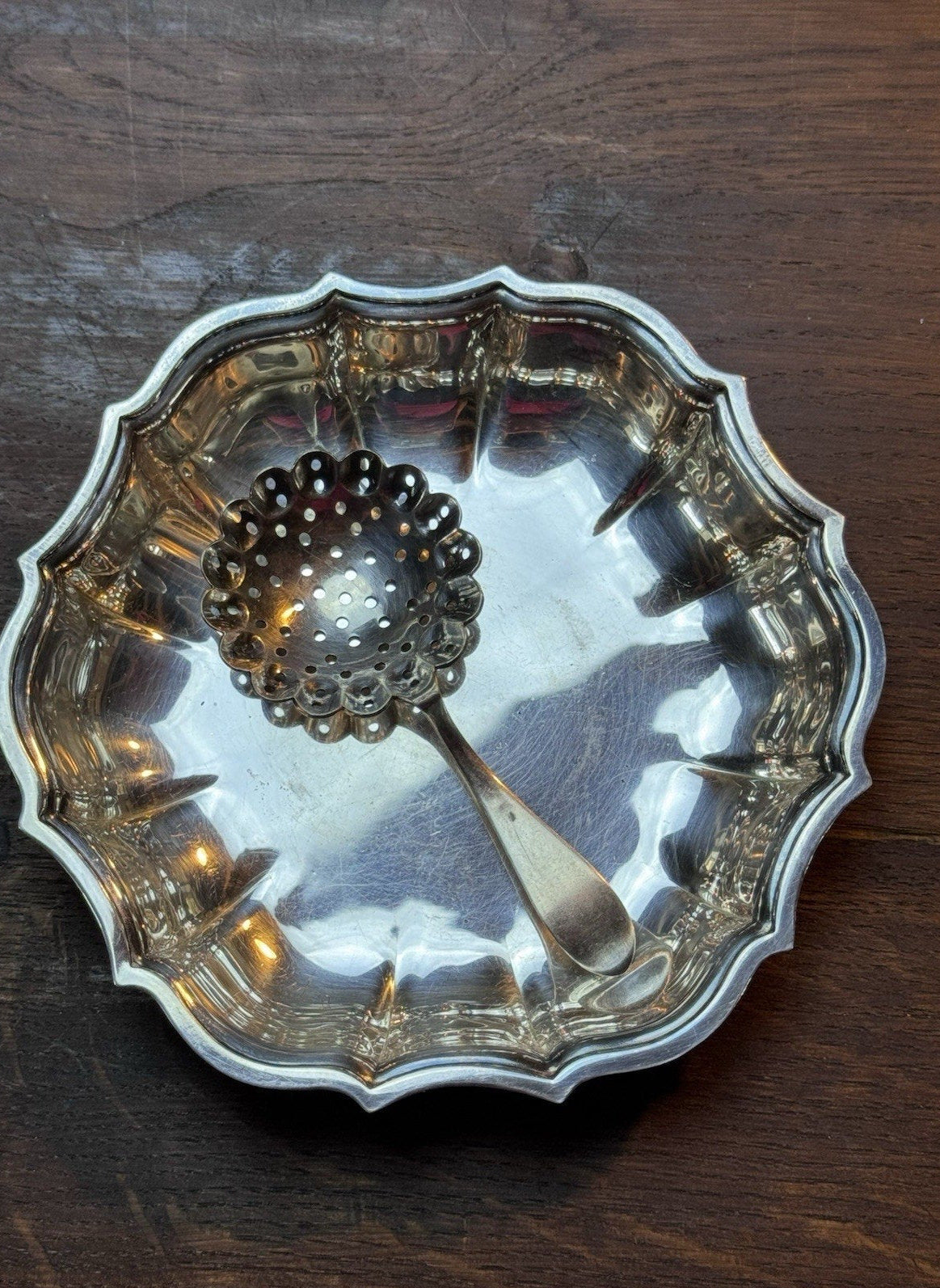 Vintage Silverplate Mint Julep Strainer Spoon & Small Nut Dish