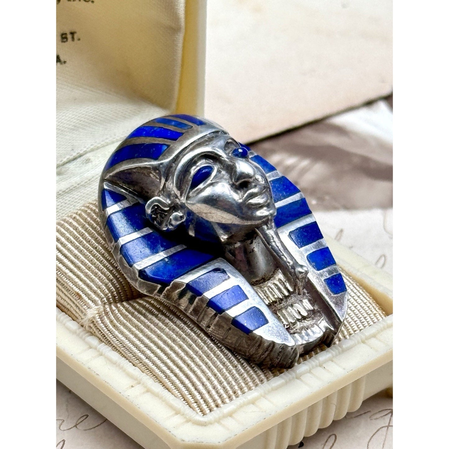 King Tut Pendant Lapis Lazuli Vintage Plata 980 Silver Egyptian Revival 1.5”