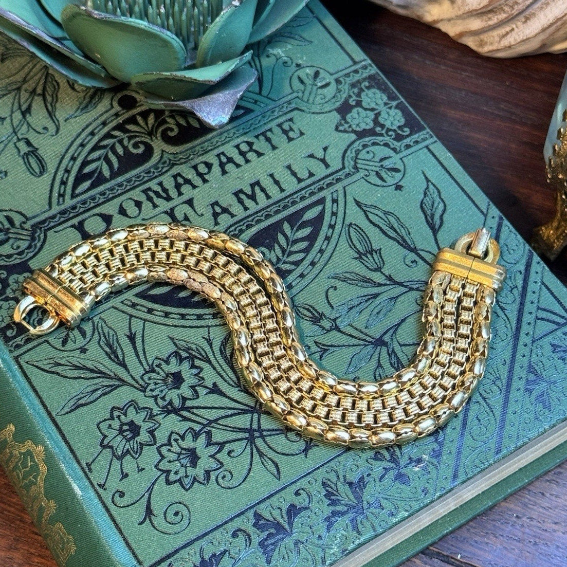 Vintage Goldtone Multi Strand Bracelet 4 Chain Link 6.25” Wide Panel