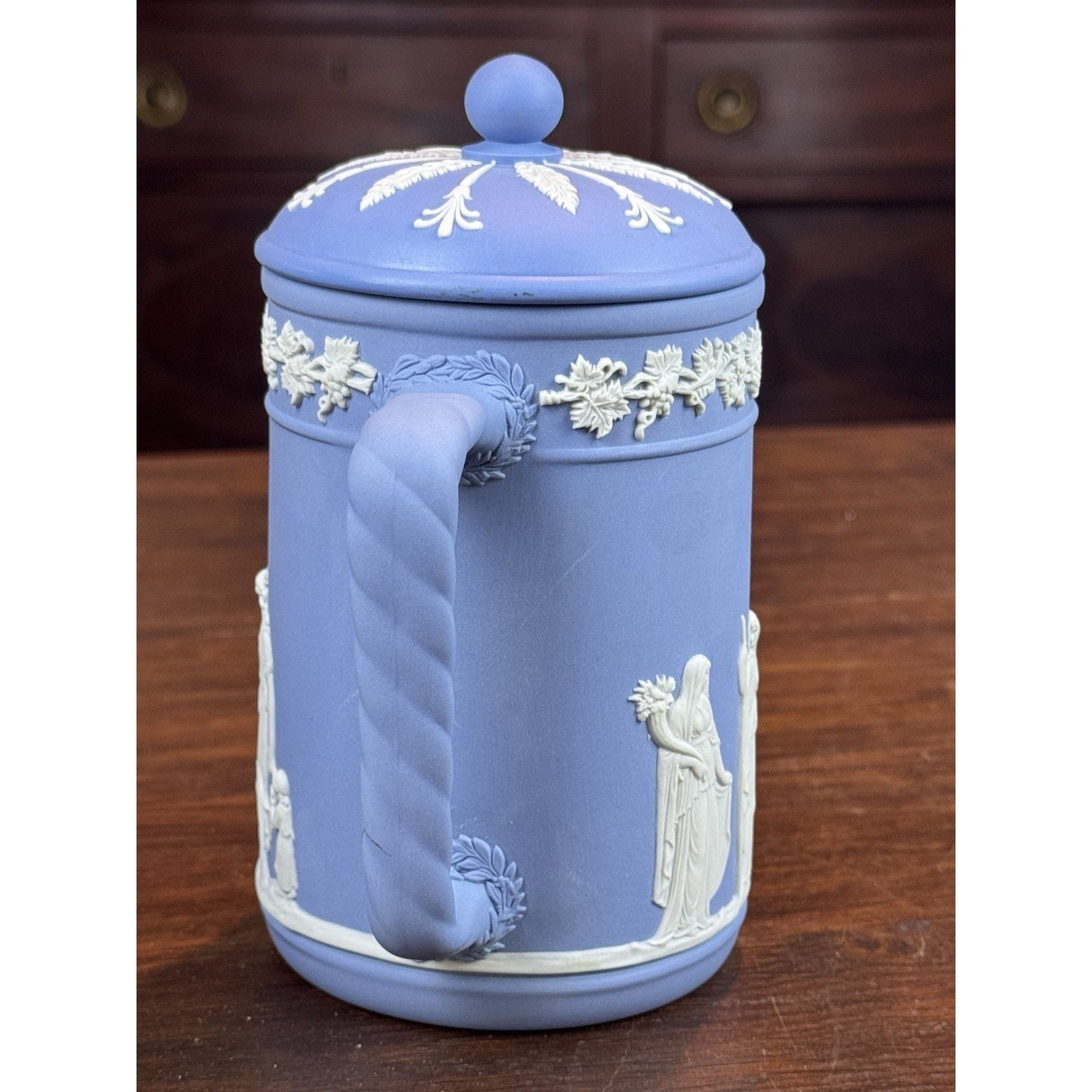 Vintage Wedgwood Jasperware Blue Dip Lidded Pitcher 6.5”