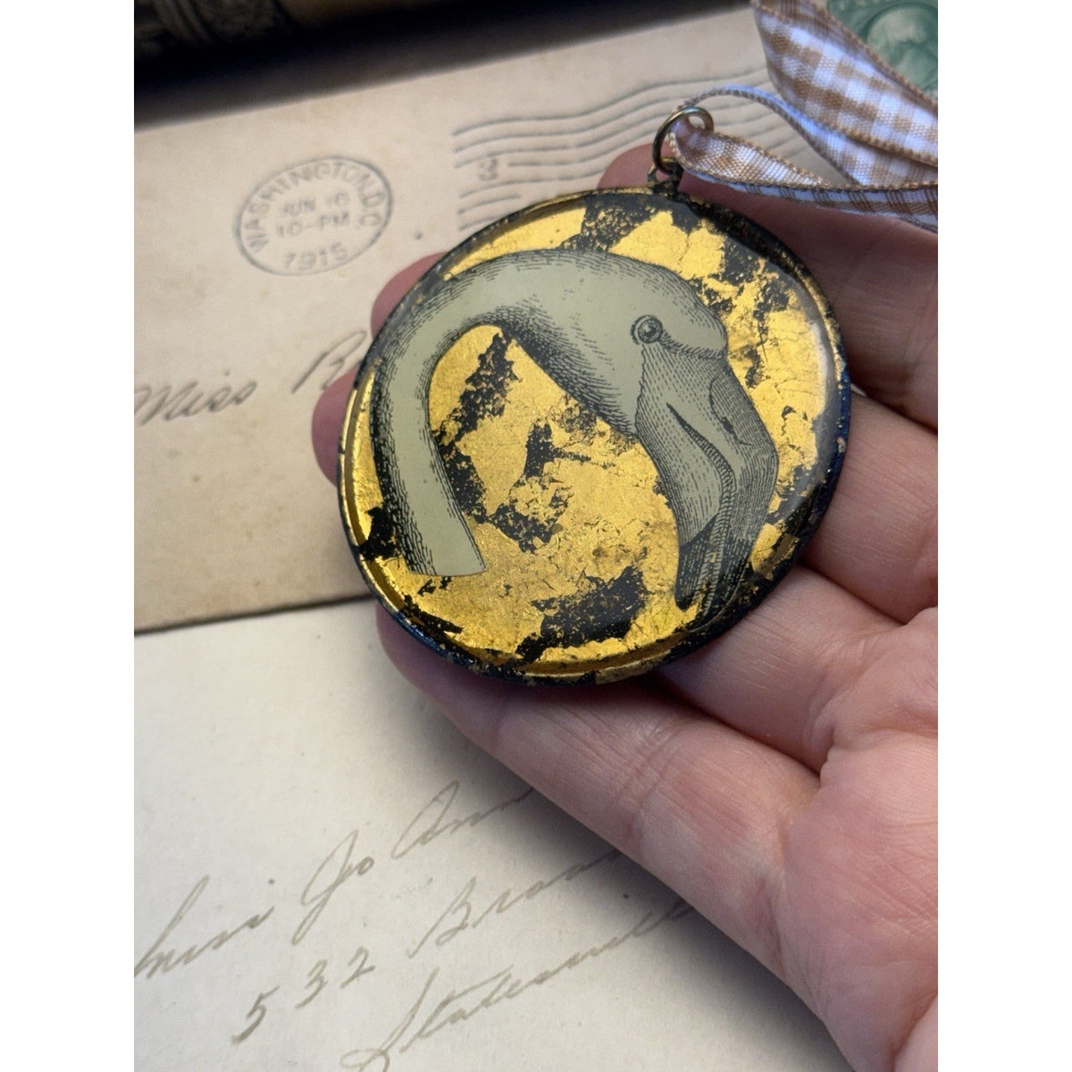 Lucite Flamingo Head Pendant Ornament Gold Foil Black Vintage 2.25
