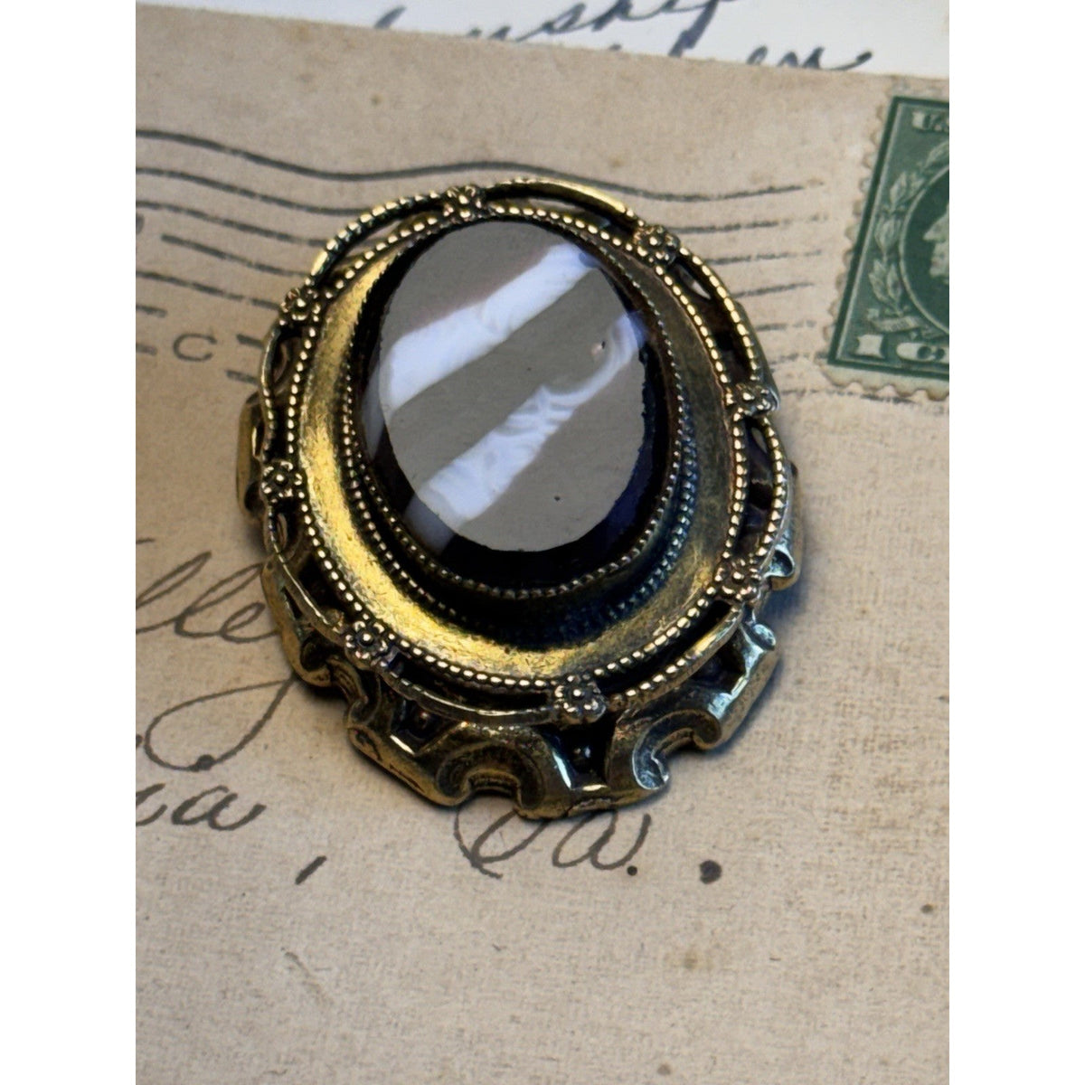 Original by Robert Victorian Revival Black & White Glass Cameo Brooch Pendant