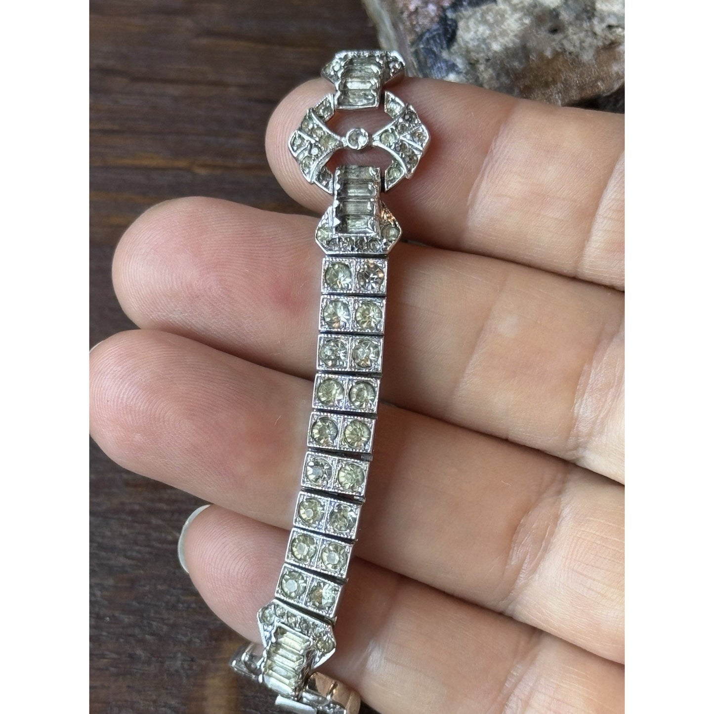 Antique Tennis Bracelet 1920s Sterling Silver Art Deco Rhinestone Patented 6”