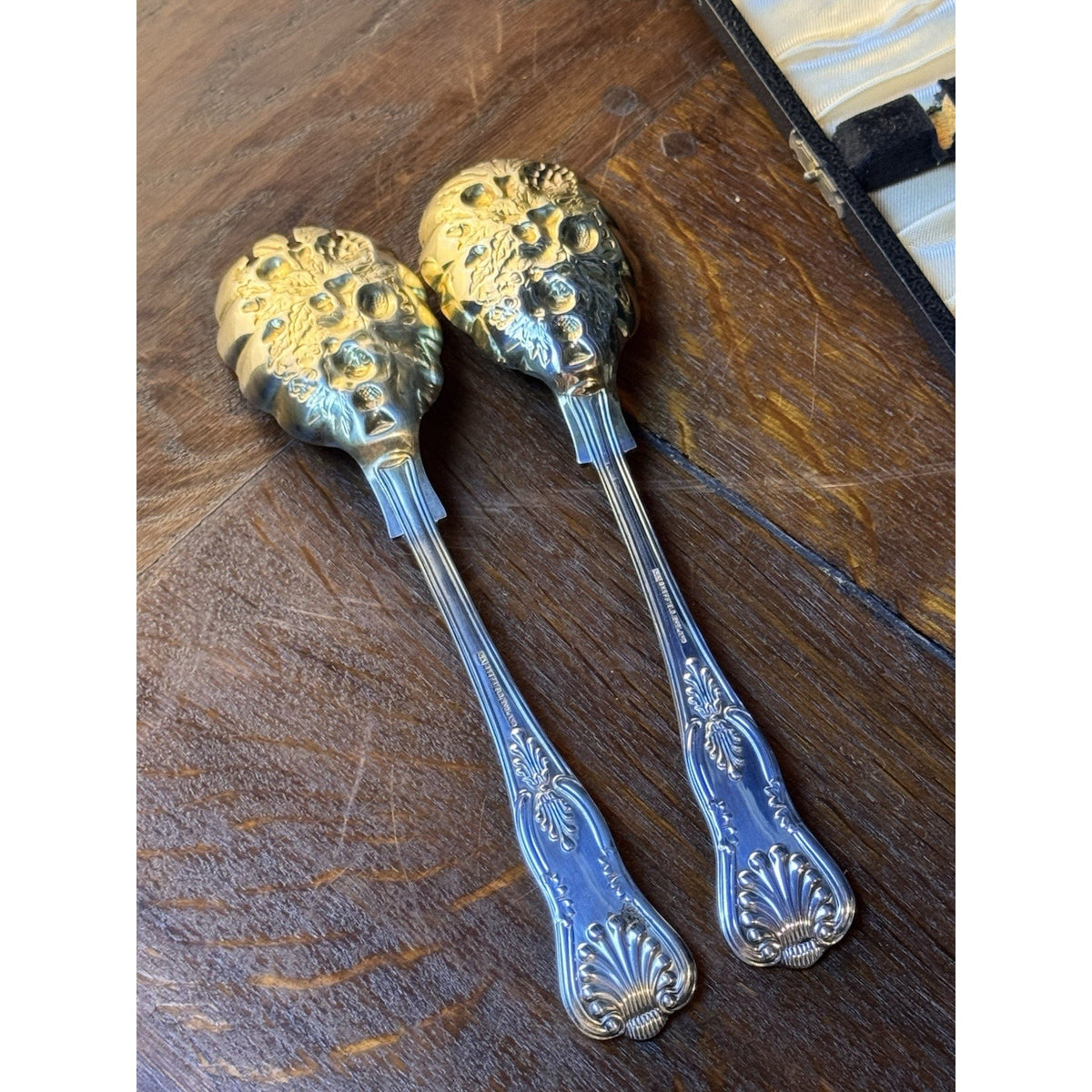 Silverplate Salad Tongs Sheffield Gold Wash Fruit Kings Crown Cased 9”