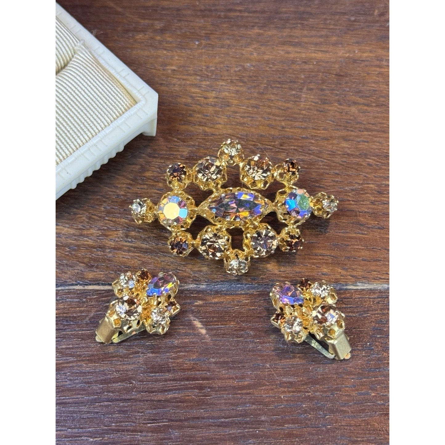 Vintage STAR Austria Brooch Earrings Set AB Rhinestone Goldtone 2” Demi Parure