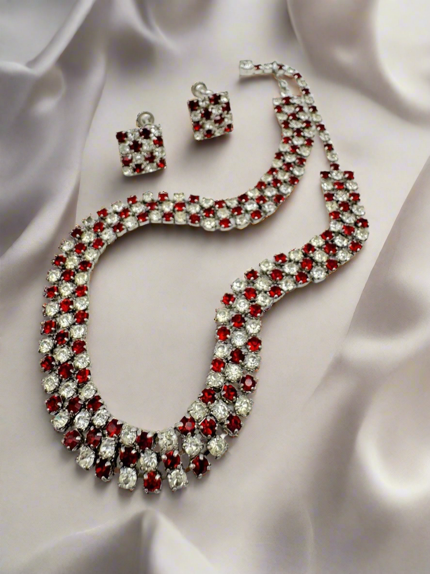 Vintage Checkered Red & Clear Rhinestone Choker + Earring Set