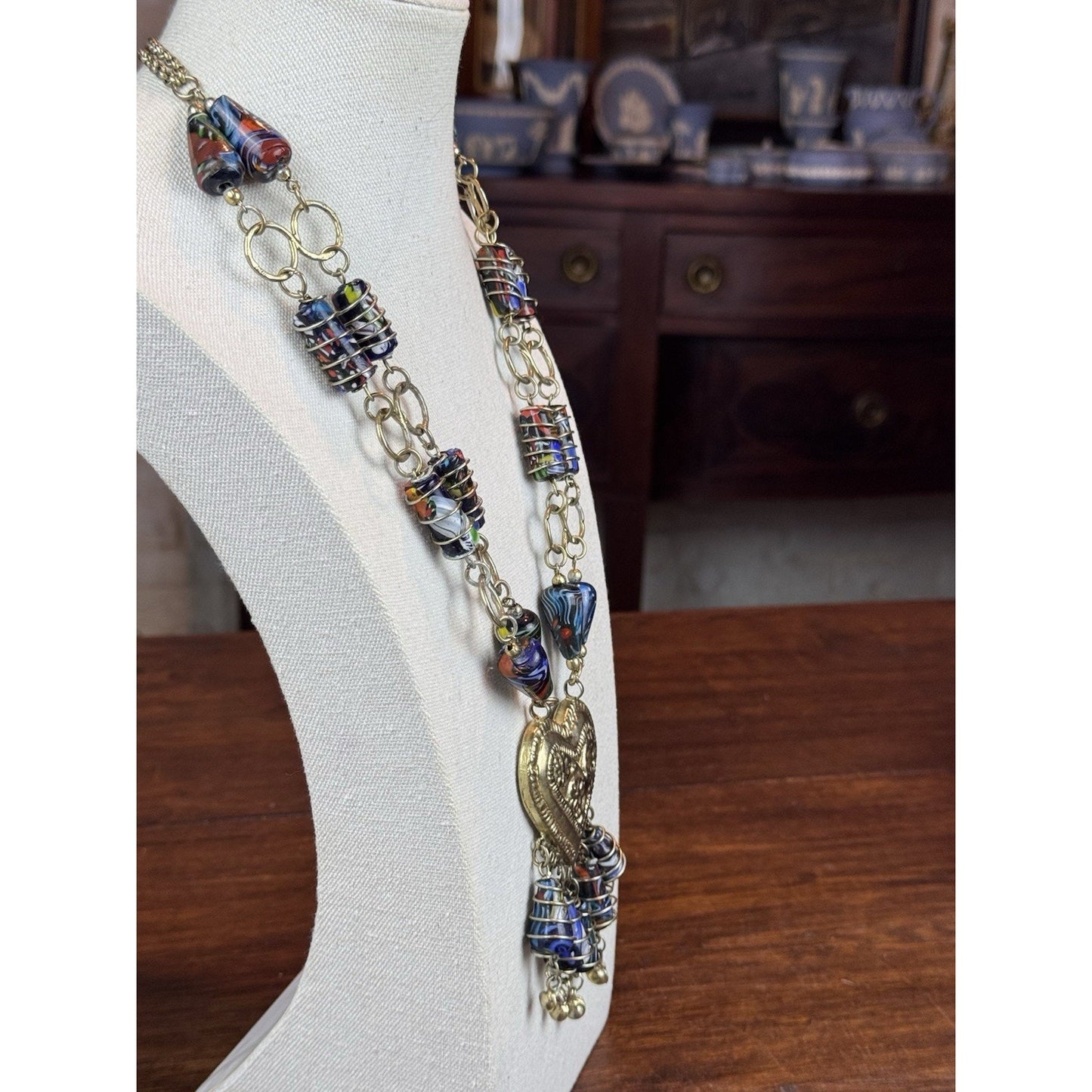 Millefiori Glass Necklace Double Strand Heart Pendant Artisan Statement 23.5”