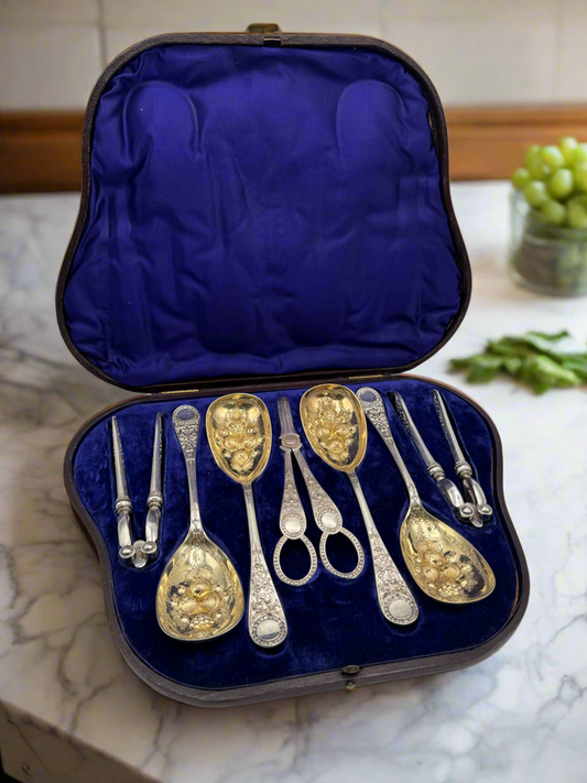 Victorian Martin Hall & Co. Silver Plate 7 Piece Dessert Set in Leather Case 1868 “Kite Mark”