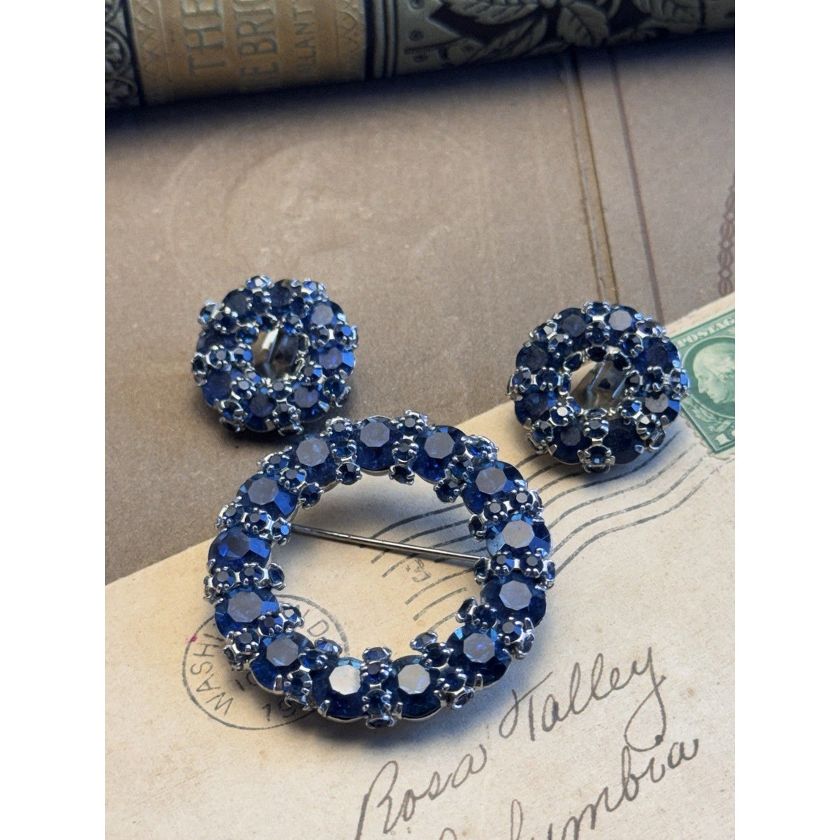 Vintage Warner Blue Rhinestone Brooch Clip On Earrings Set Signed 1.75”