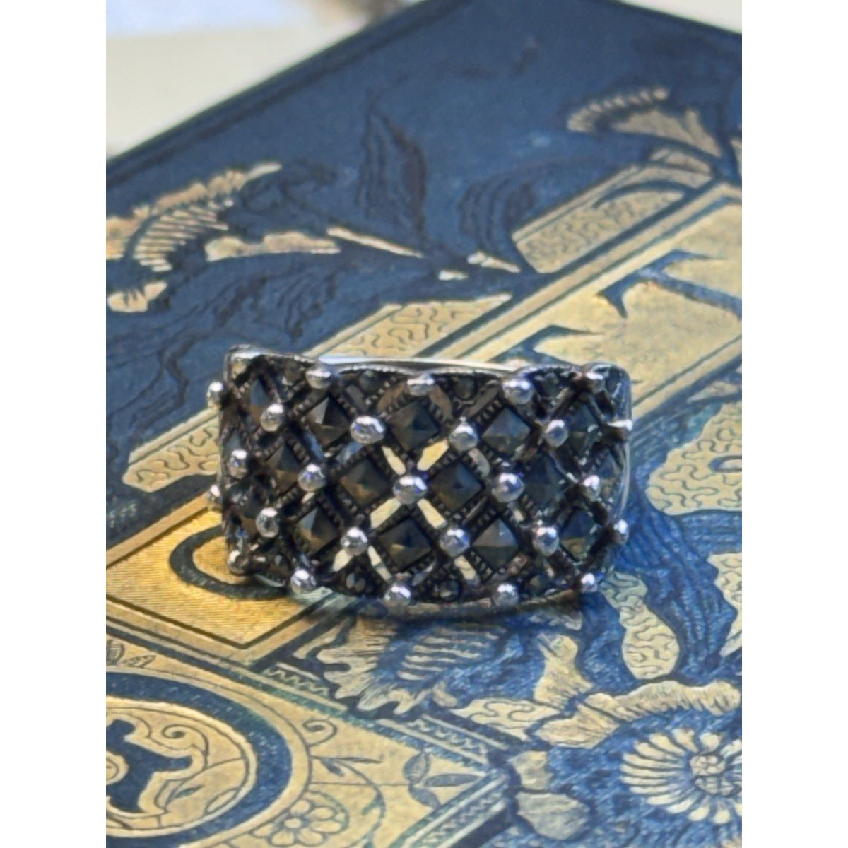 Sterling Silver Marcasite Ring Lattice Wide Band Signed 925 Thai Size 9.75 0.5”