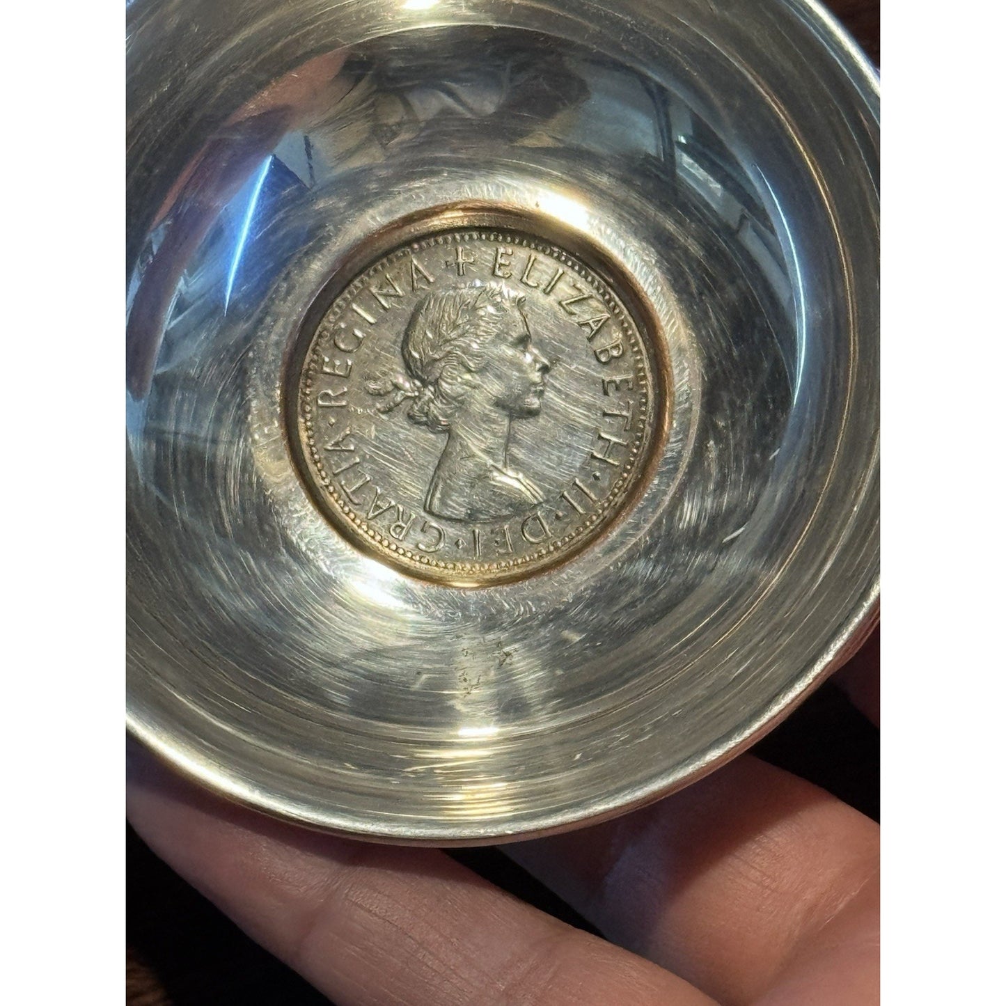 English Silverplate Wine Taster Tastevin 1957 Half Crown Coin Queen Elizabeth II