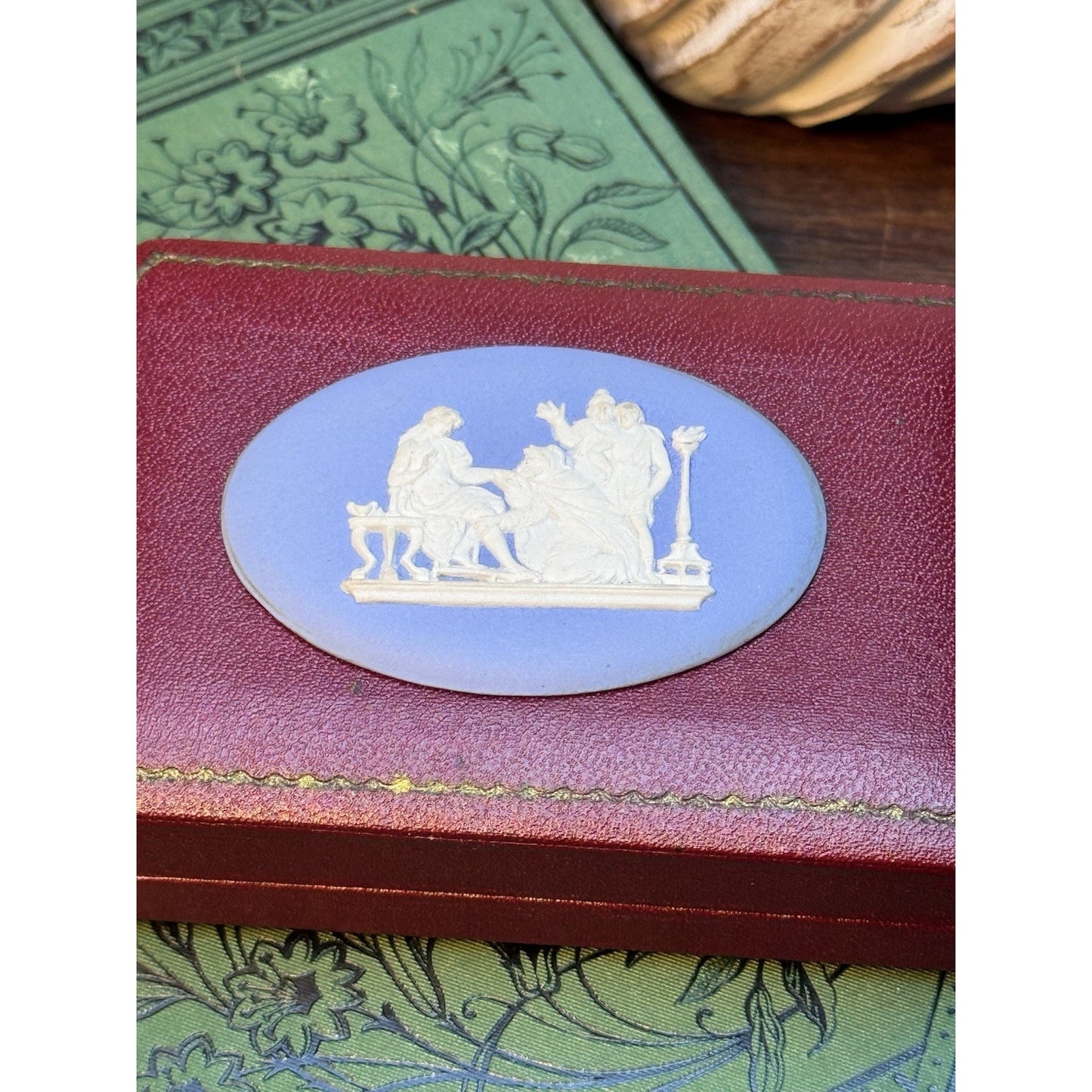 Wedgwood Jasperware Plaque Brooch Blue White Classical Scene 2” 1951