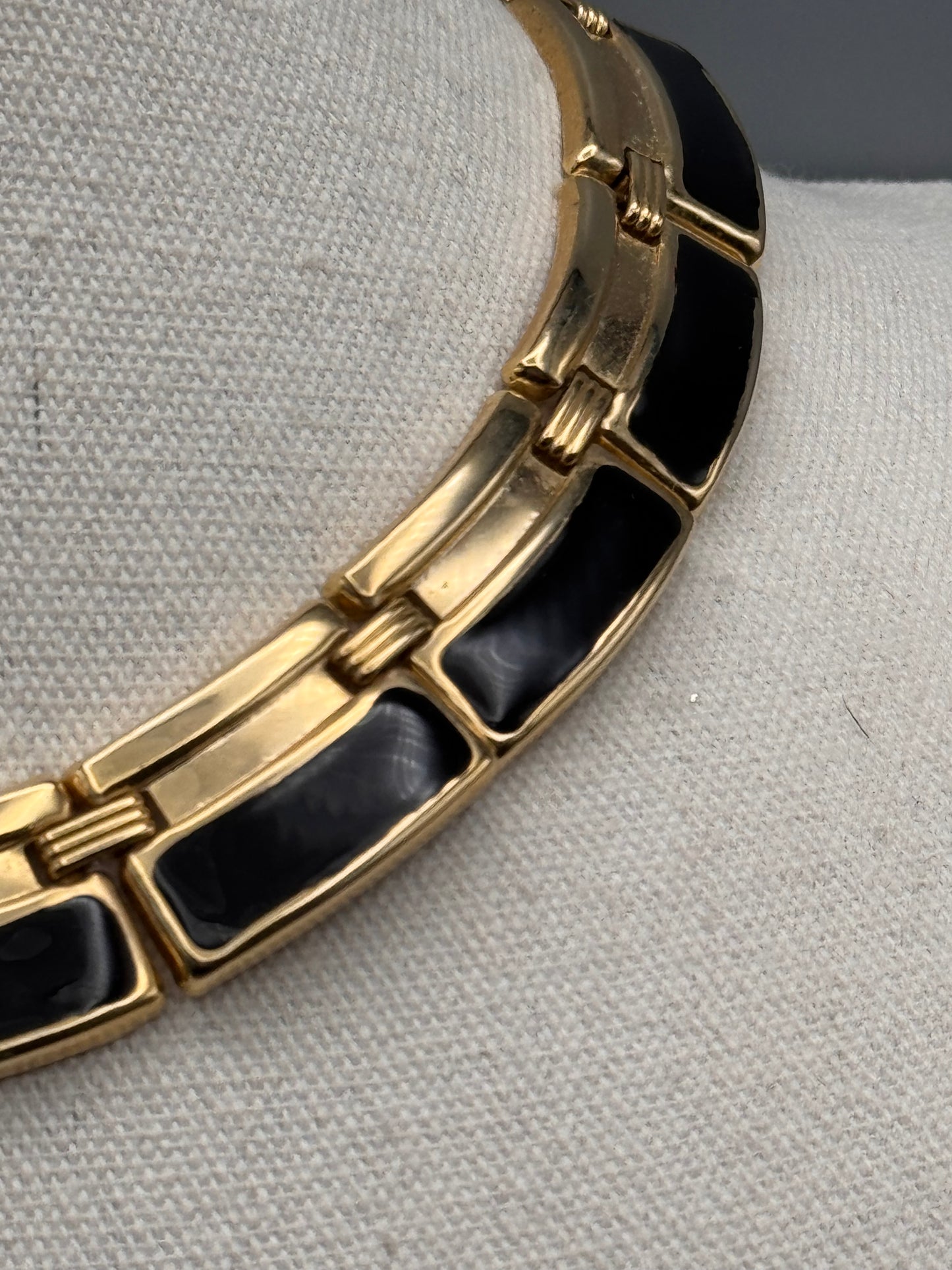 Vintage Necklace Black Enamel Goldtone Link 15.5” Matching Earrings Set