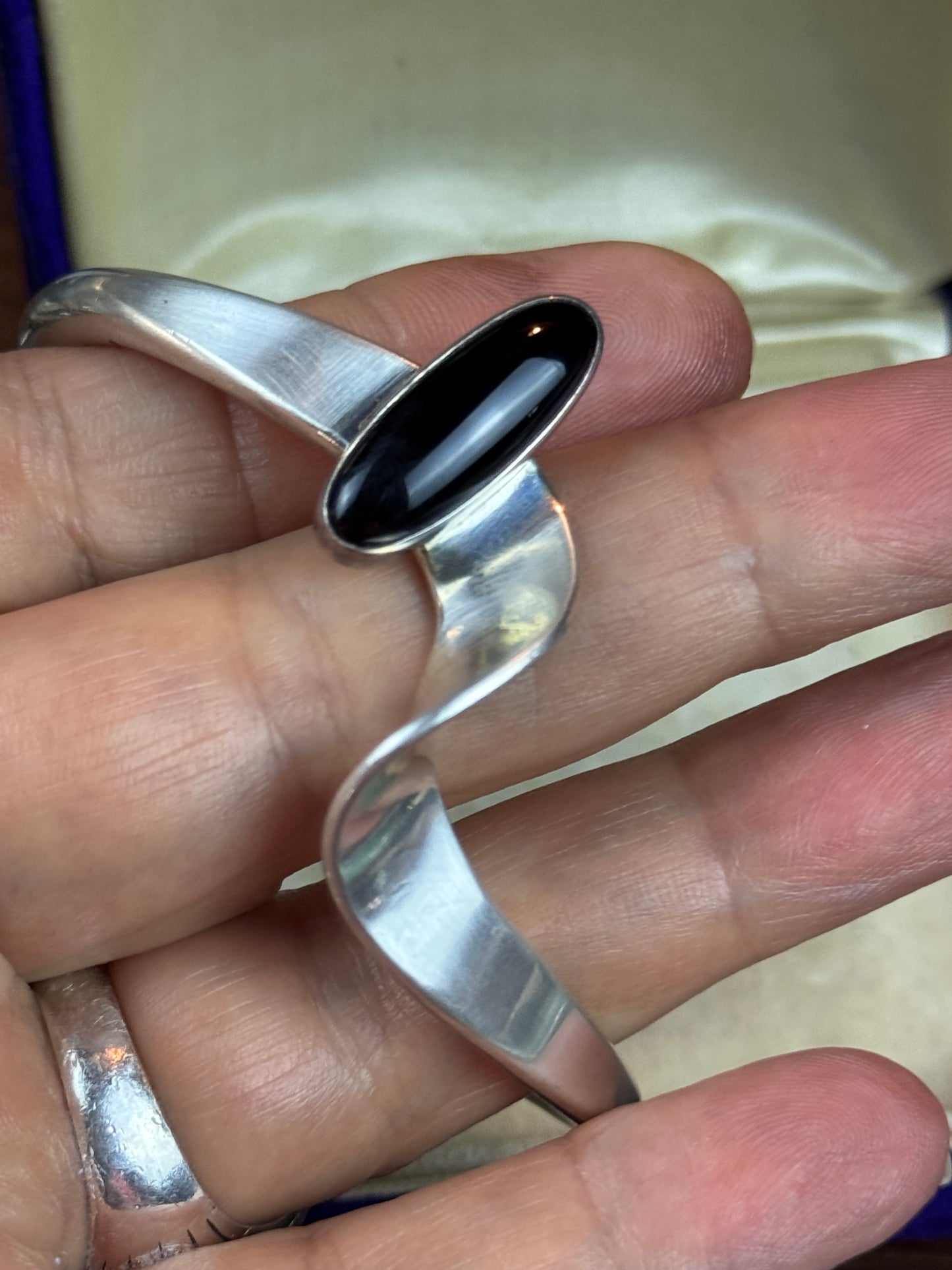 Vintage Sterling Silver Onyx Cuff Bracelet Navajo JH Signed Modernist 33.7g