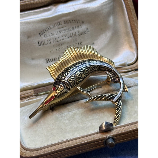Goldtone Spain Damascene Brooch Pin Enamel Swordfish Marlin Vintage