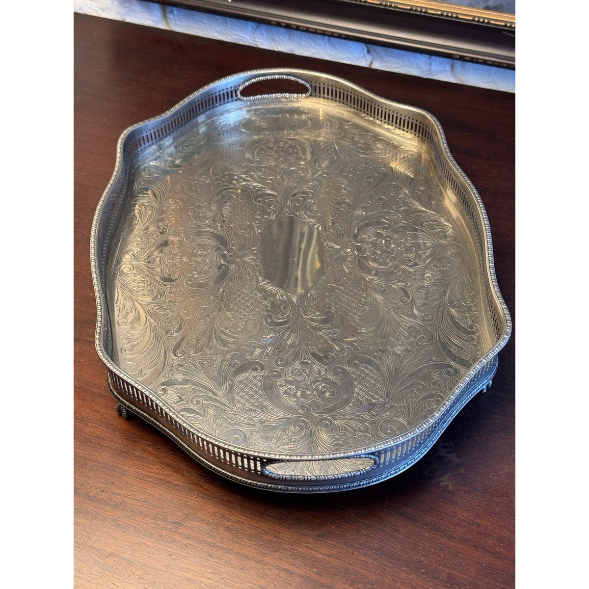 Silverplate Gallery Tray SHEFFIELD Serpentine Reticulated Chased Footed 18”